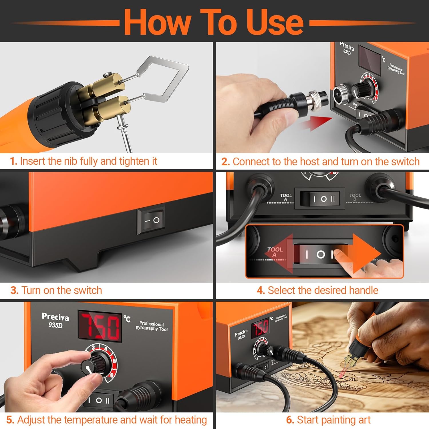 Step-by-step visual guide for setting up the Preciva 935D Pyrography Station. Steps include inserting the nib, connecting the pen to the host, turning on the switch, selecting the desired handle, adjusting temperature, and starting to burn.