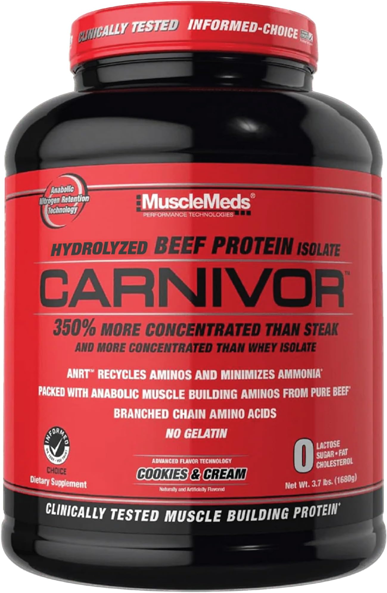 MuscleMeds Carnivor Beef Protein Isolate Powder, Cookies & Cream, 56 Servings, 1820 Gram, 64.1986 Ounce, 4 Pound