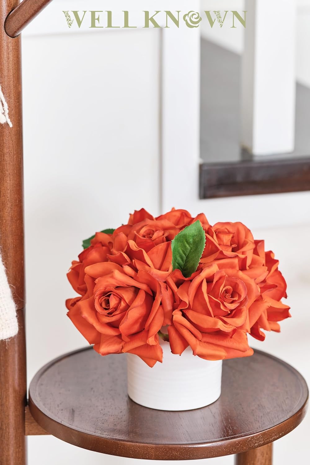 WELL KNOWN Artificial Flowers in Vase, Silk Rose Arrangement Mini Potted Realistic Fake Flowers with Ceramic Vase for Wedding Vanity Centerpiece Coffee Table Bathroom Anniversary Decor (Burnt Orange)