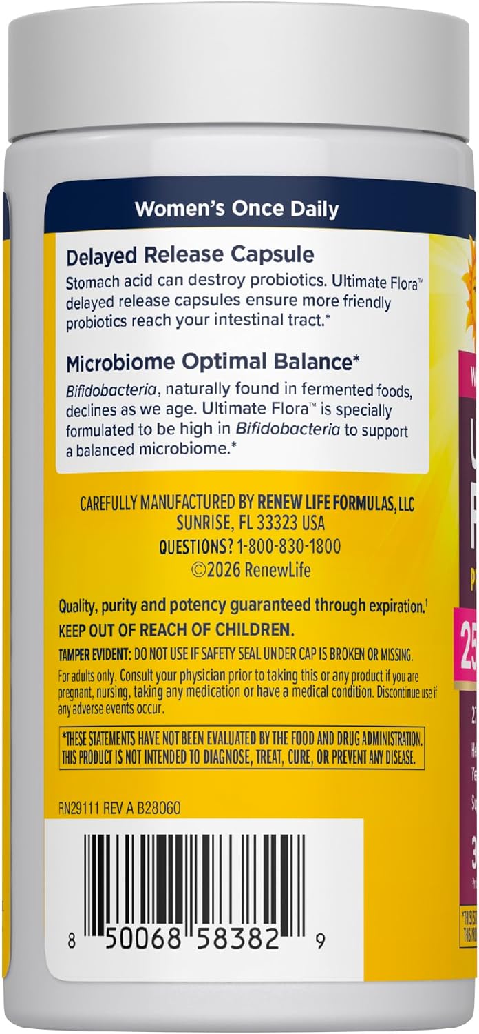 Renew Life Ultimate Flora Probiotics for Women with Prebiotics | 25 Billion CFU | 30 Delayed Release Capsules | 3 in 1 Synbiotic | Supports Digestive and Immune Health | Dairy, Soy and Gluten-Free