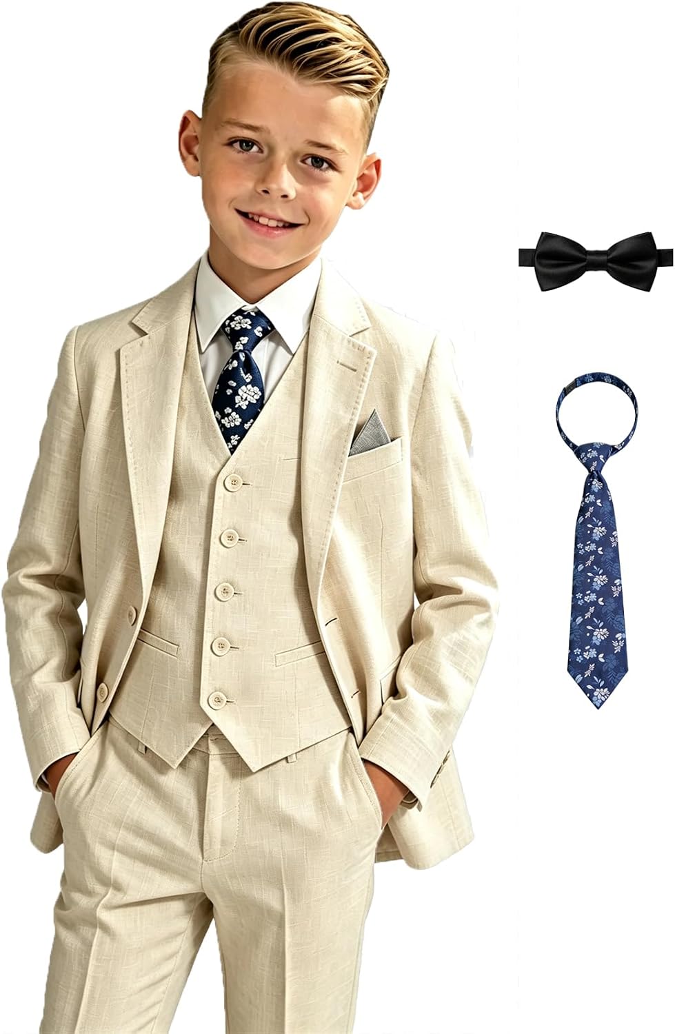 SAROULU Boys Linen Slim Fit Suits 5 Piece Lightweight Summer Beach Wedding Tuxedo Suit for Boy Ring Bearer Outfit