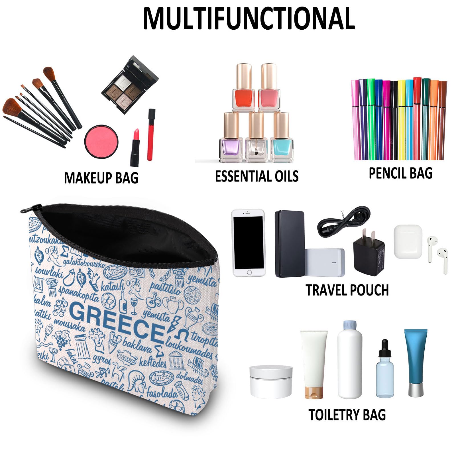 G2TUP Funny Greece Lovers Gift Greece Food Makeup Bag Greece Traveller Cosmetic Bag Greek Culture Lovers Gift (Greece Food MB)