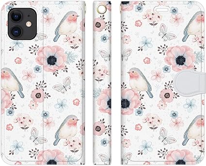 Amazon Co Jp Ruuu Iphone13 対応 手帳型 スマートフォン スマホ ケース カバー 花柄 水彩 鳥 小鳥 蝶々 ボタニカル フェミニン ガーリー 可愛い イラスト パステル カラフル ホワイト 大人 レディース おしゃれ かわいい きれい 個性的 ユニーク 花 春 木の実