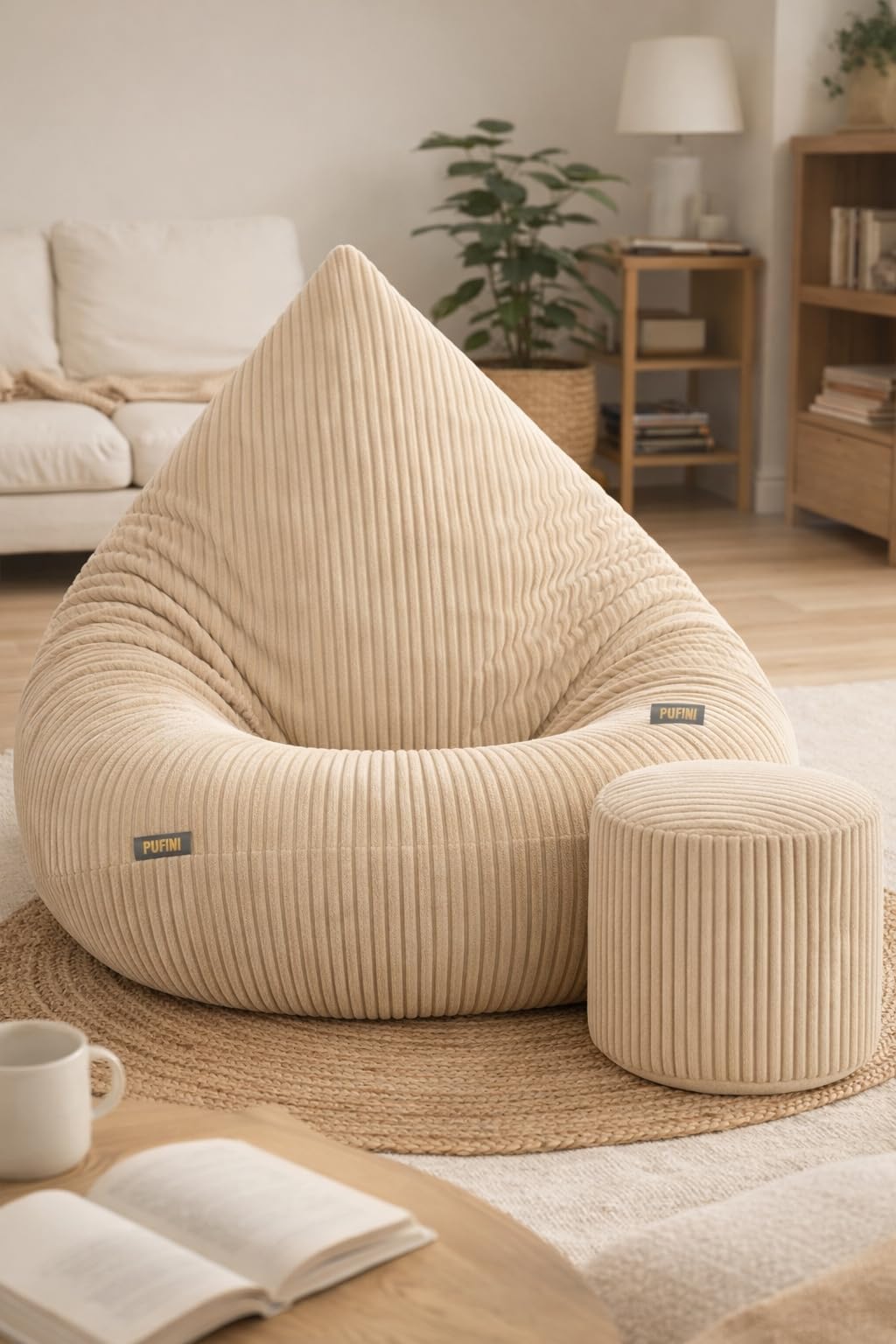 Puff Salon con Reposapiés 95x95x120 cm - Puff con Relleno Incluido para Interiores - Bean Bag XXL de Pana para Adultos y Niños - Decoracion Habitacion para Salón y Dormitorio