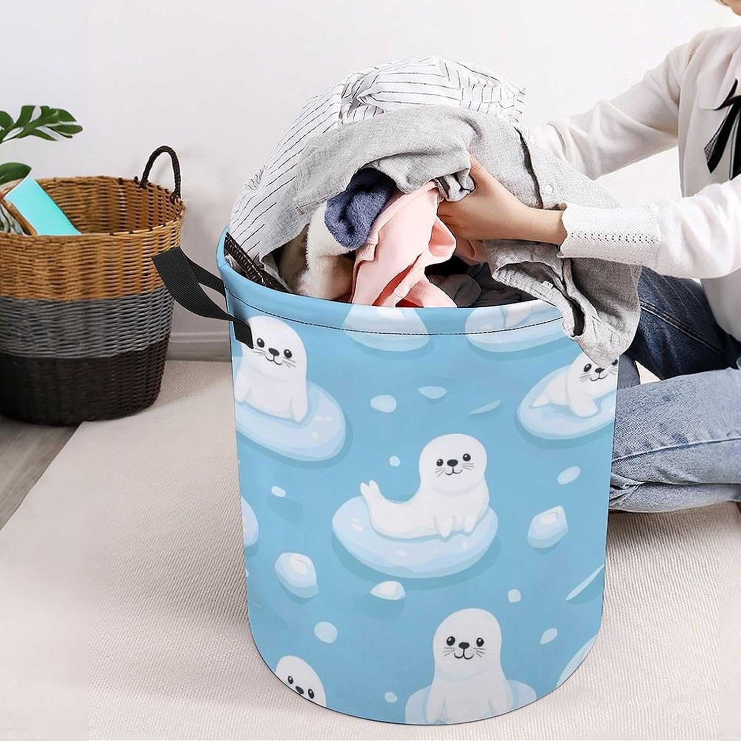 Seals on Ice Floe Laundry Hamper Basket for Home Bathroom | clothes storage,handle,large capacity,oxford