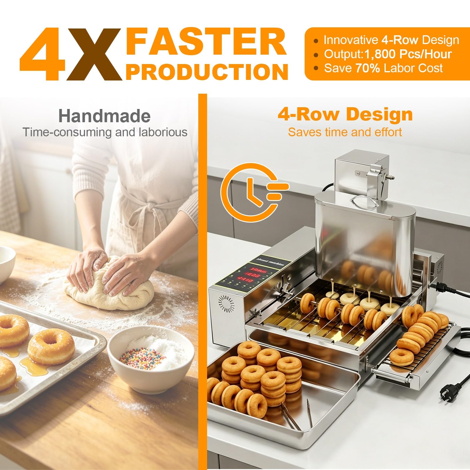 Machine à Beignets Automatique Professionnelle, Friteuse à Donuts 4 Rangées, Capacité 1800 Pcs/h, Acier Inoxydable 304, Équipement de Boulangerie et Pâtisserie Professionnel(110V)