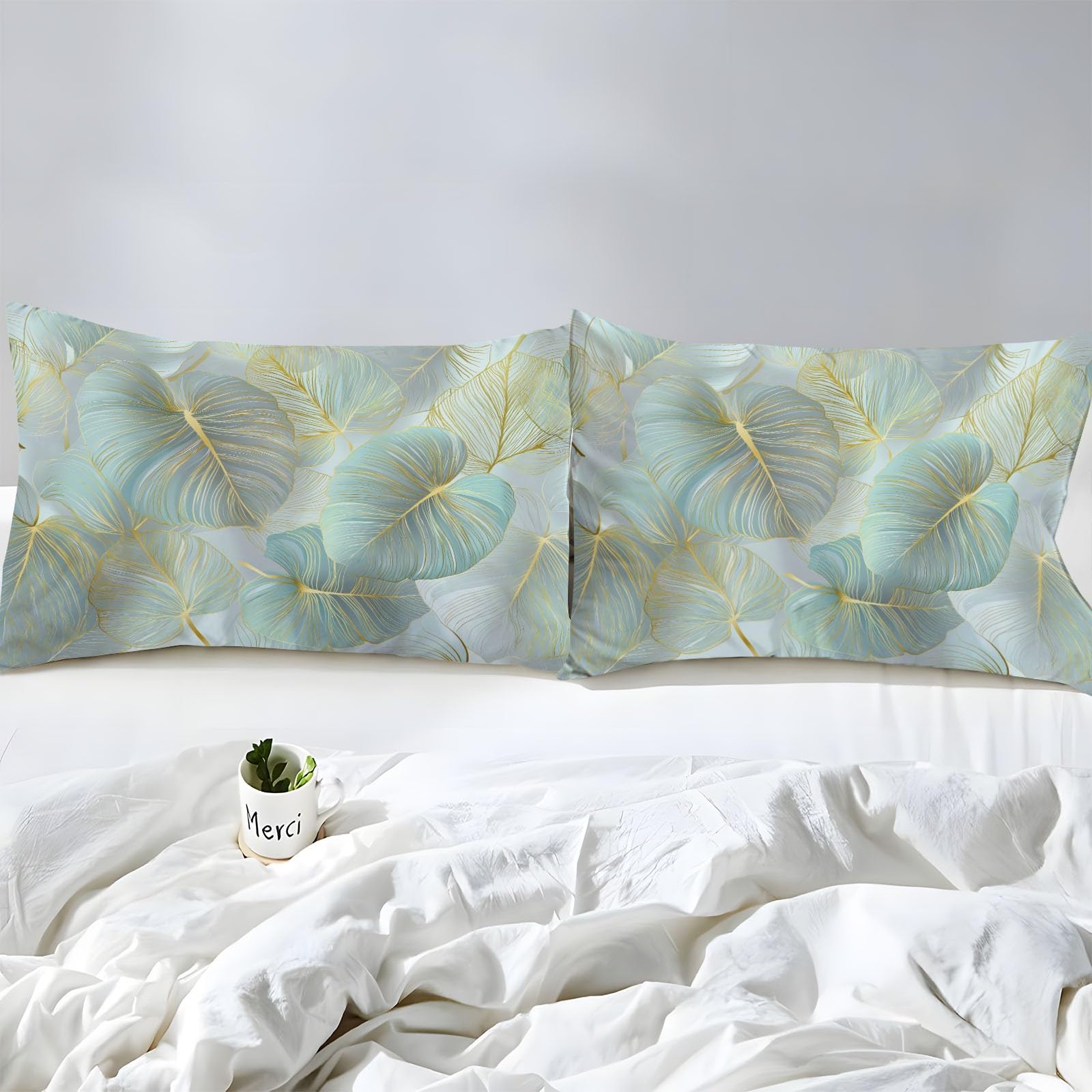Sábana bajera de microfibra suave, 180 x 200 cm, hojas de Monstera Aux Luxueuses Línes Doradas, funda de colchón transpirable, antideslizante, con 2 fundas de almohada, gran gorro de 30 cm, color