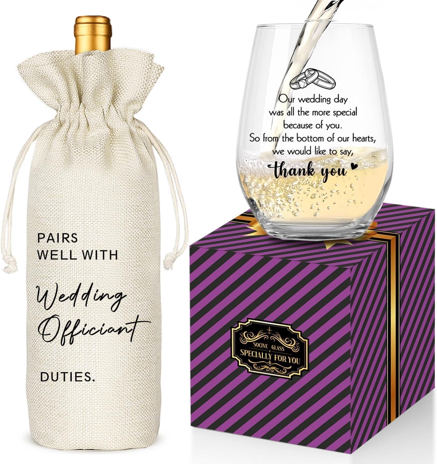 Wedding Officiant Gifts Wine Bag from Couple, Bride Groom Thank You Wedding Gift, Funny Wine Glass Set, Pairs Well with Officiant