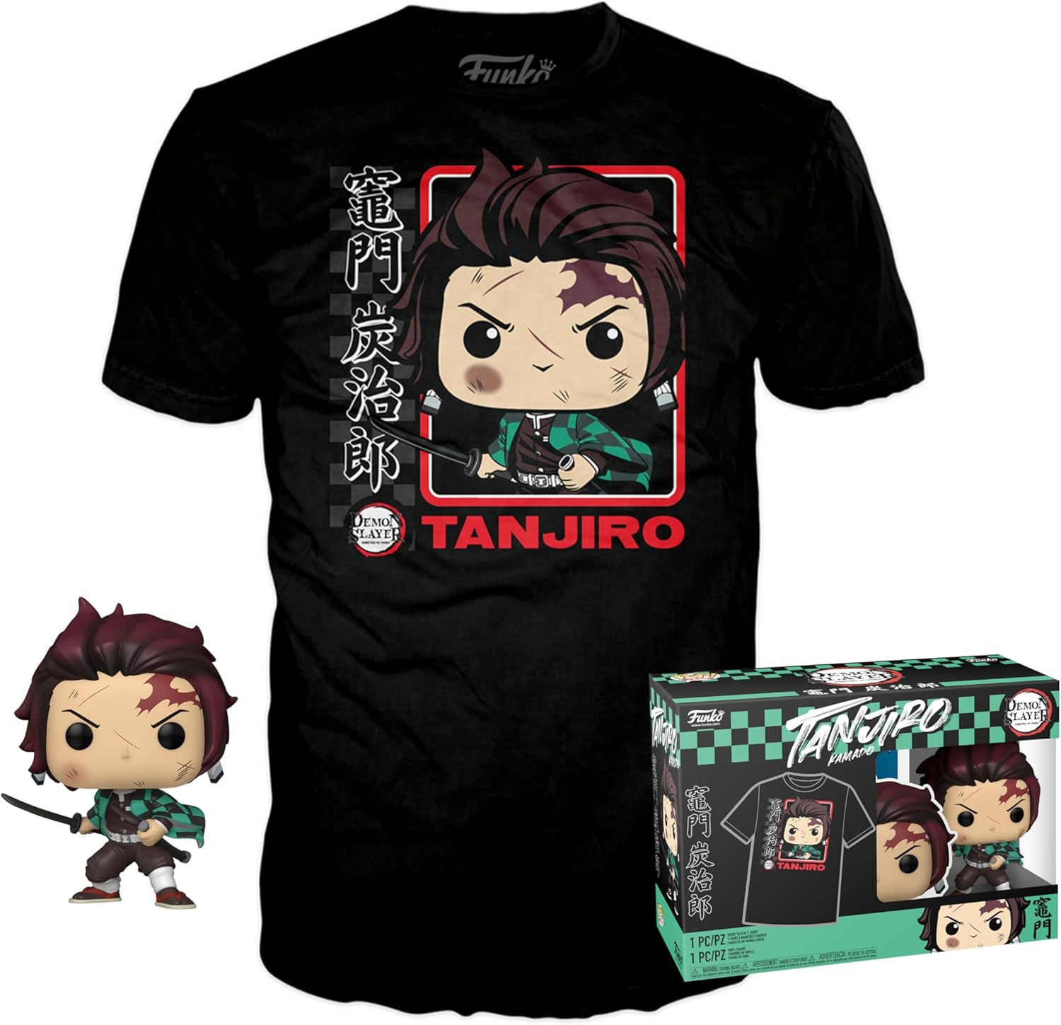 Funko Pop! & Tee: Demon Slayer - Tanjiro - (BL) - L - Large - (L) - T-Shirt - Clothes with Collectable Vinyl Figure - Gift Idea - Toys and Short Sleeve Top for Adults Unisex Men and Women