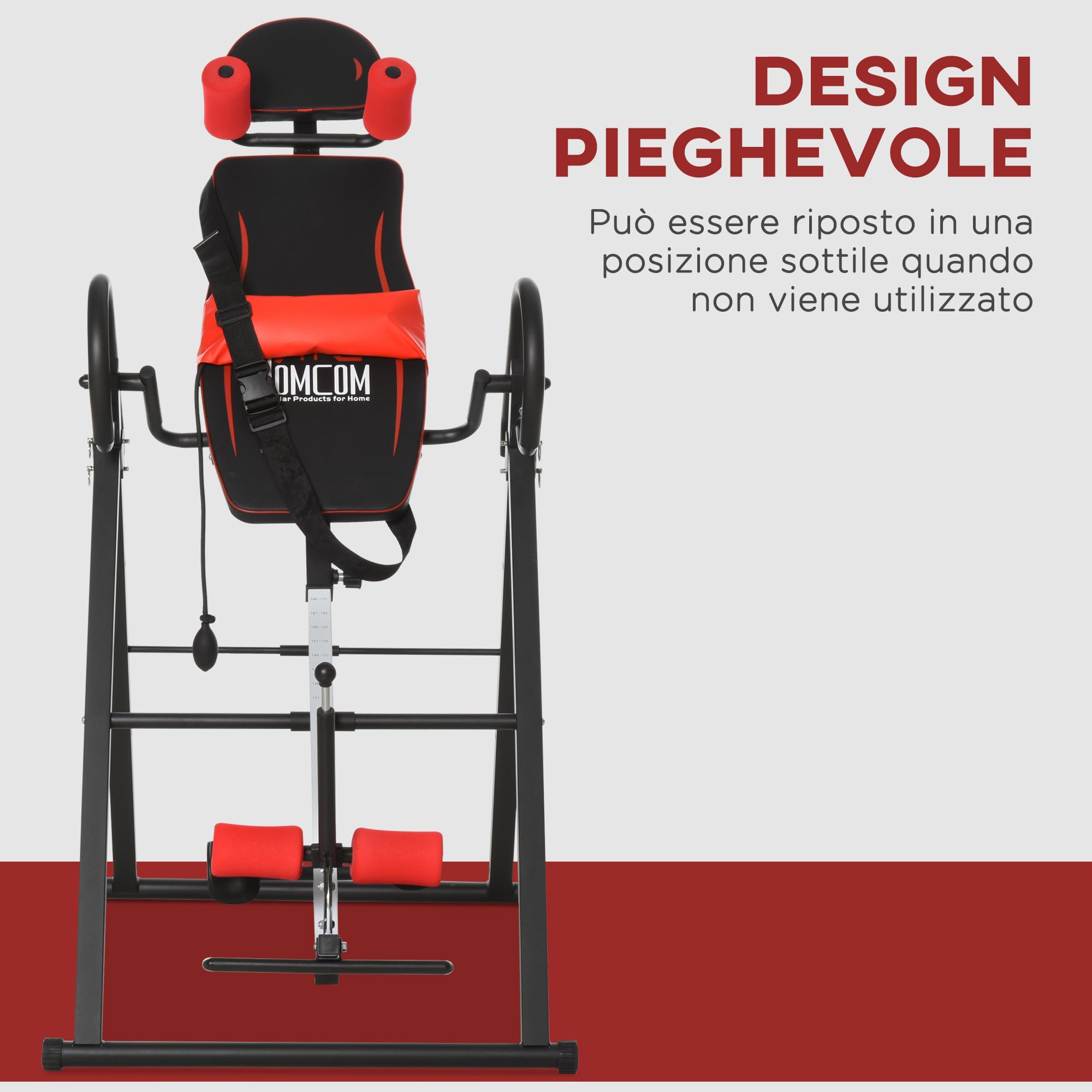 HOMCOM Panca a Inversione con Angolazione e Altezza Regolabile e Poggiatesta, Panca Inversa in Acciaio e Plastica, 79x114x153 cm, Rosso e Nero