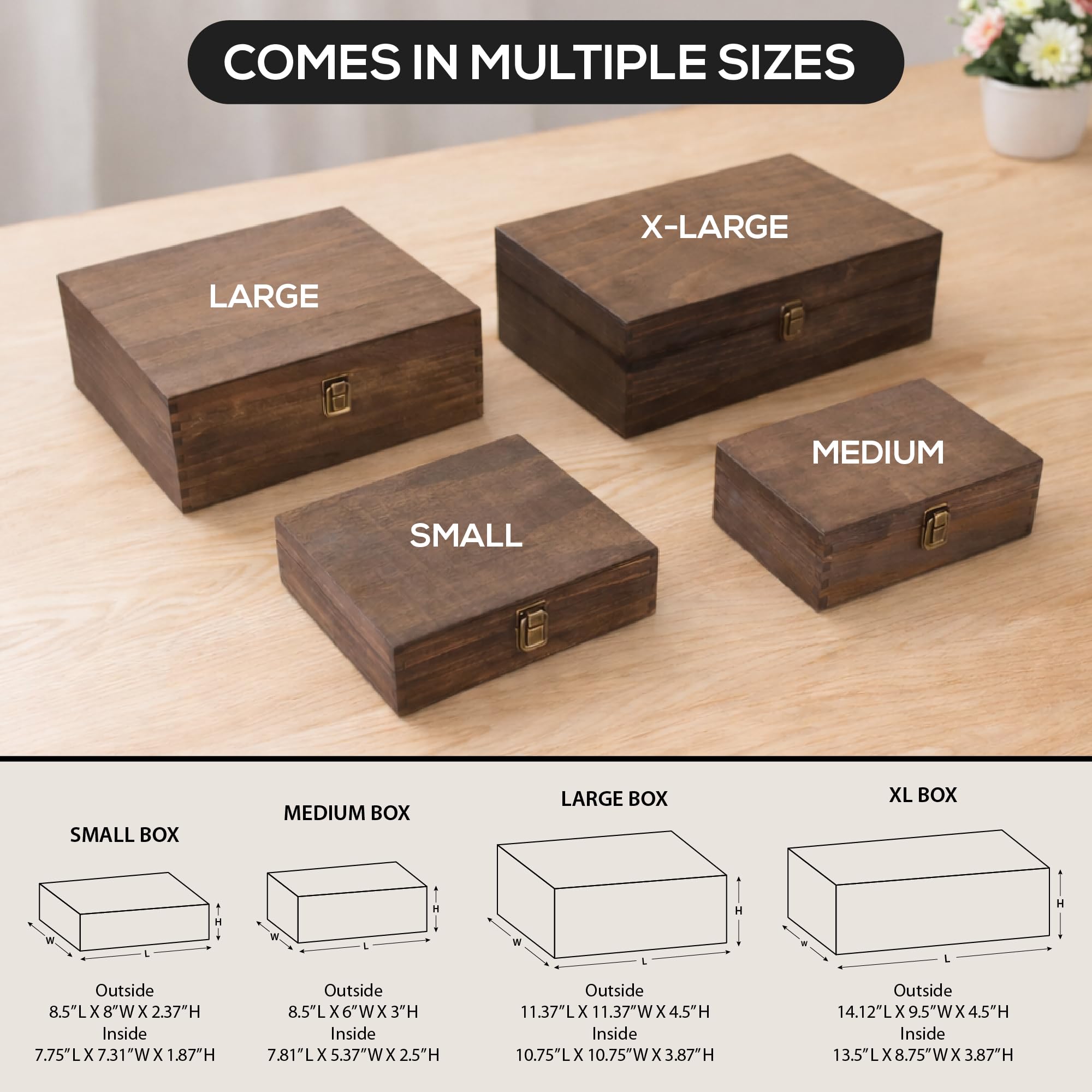 makerflo Caja de recuerdos grande de madera de nogal oscuro (paquete de 1) con bisagras con cierre, fieltro negro en el interior, caja de madera de recuerdo ideal para manualidades y personalización
