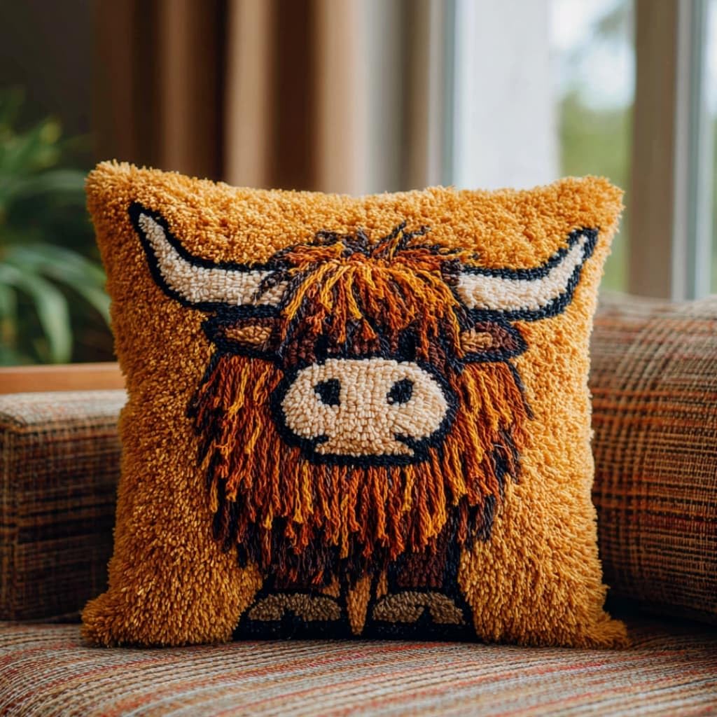Taxpy Latch Hook Pillow Kit C Latch Hook Cushion Kits Highland Cattle Pillowcase Kits Embroidery Kit 17X17 Inch Diy Needlework Pillow Cover Sofa Cushion Rug Making