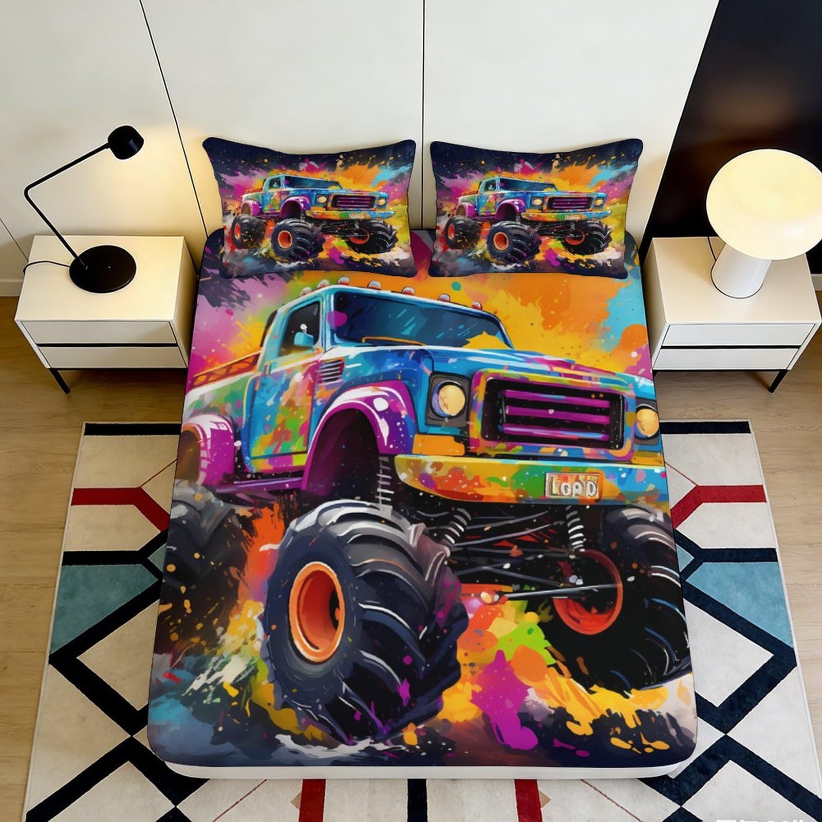 3D Printed Colorful Monster Truck Fitted Sheet Microfiber Soft Durable Vibrant Bed Cover for Bedroom Dormitory Guest Room Mattress Protection 180x200x25cm
