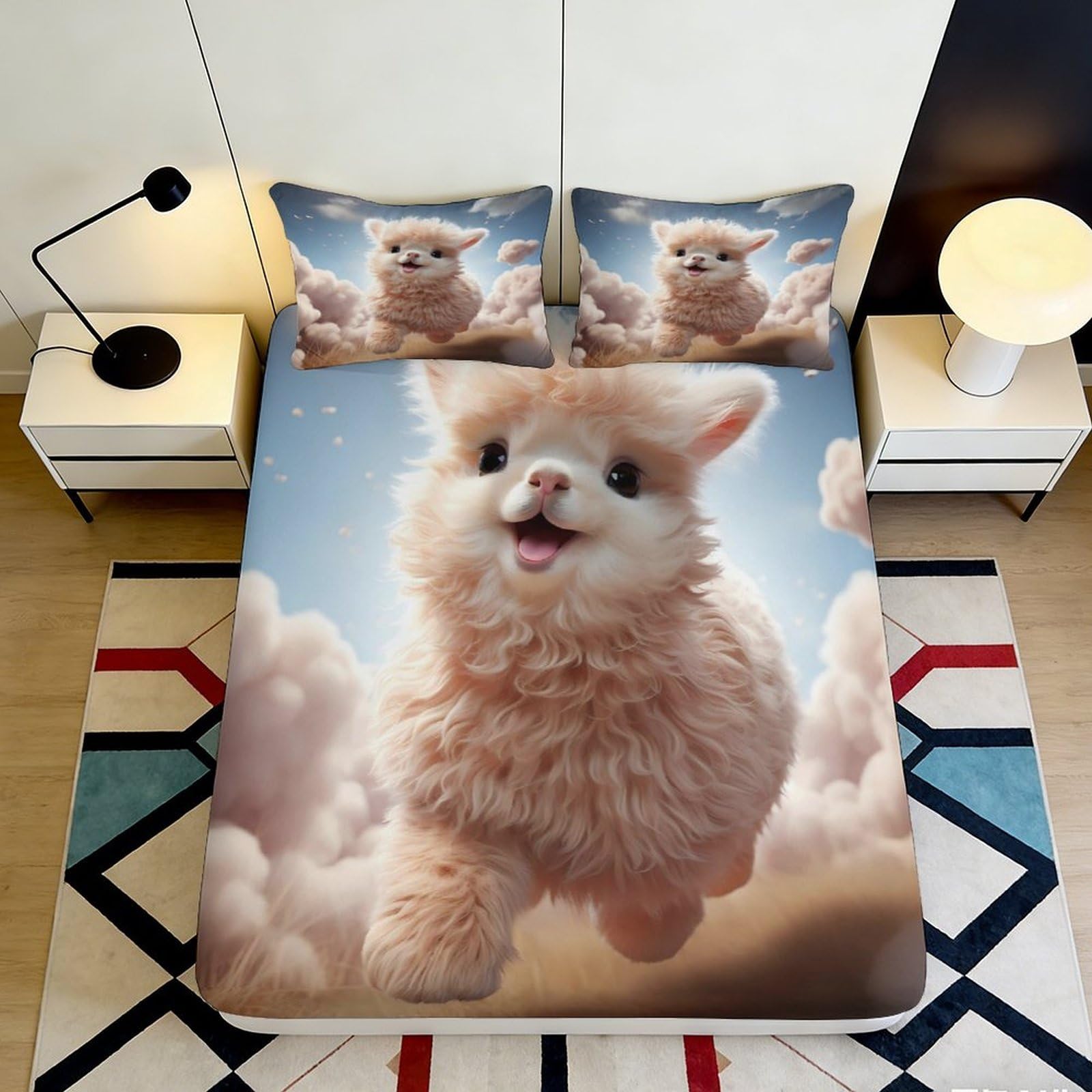 3D Printed Cute Fluffy Dog Fitted Sheet Microfiber Soft Durable Puppy Bed Cover for Bedroom Dormitory Guest Room Mattress Protection Decor 90x200x25cm