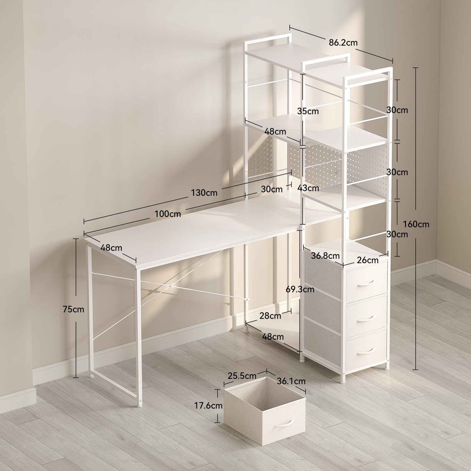 Coleshome Scrivania angolare con libreria, cassetti e supporto PC, Bianco