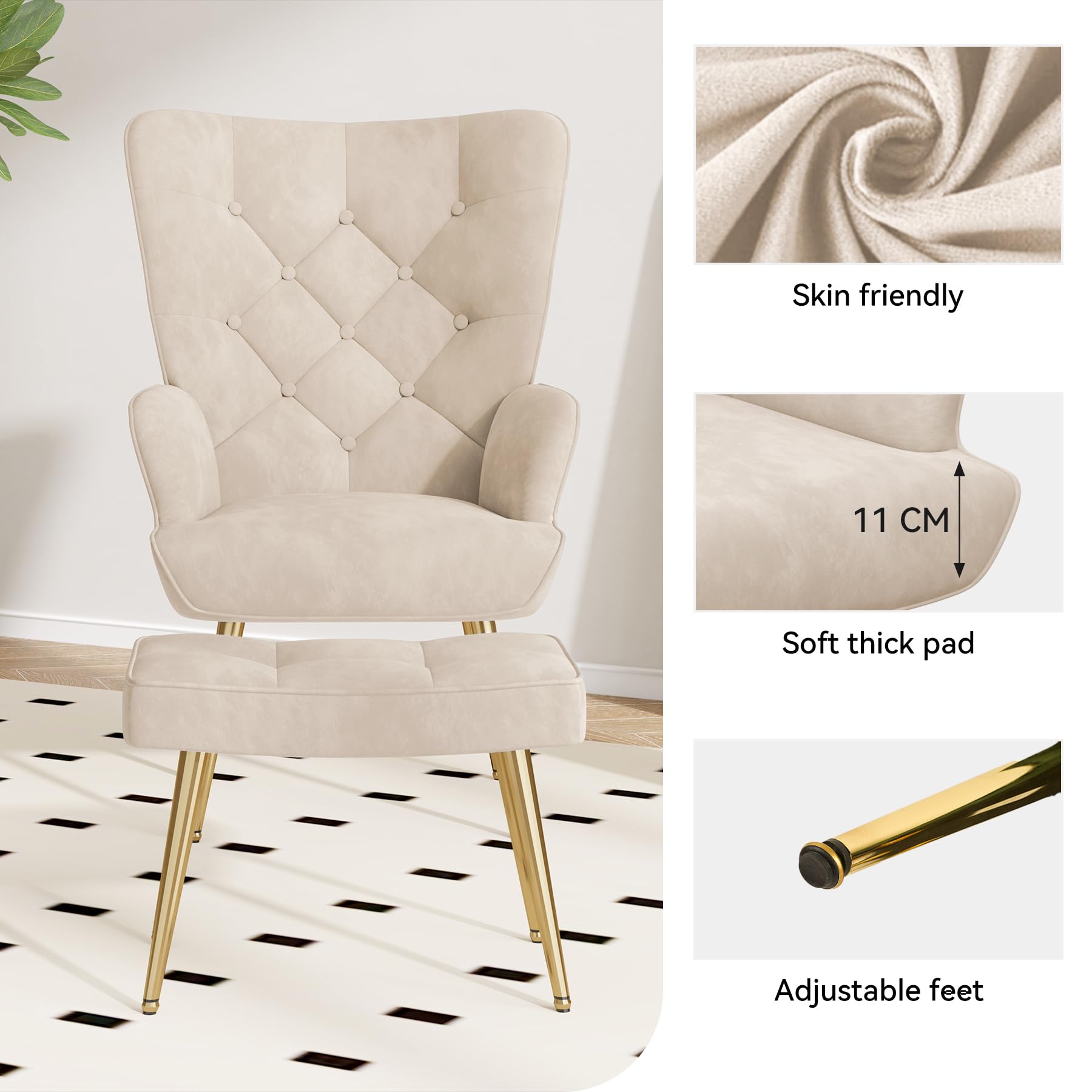 Hawthyhome Eleganter Sessel polsterstuhl Ohnzimmer Sessel Schminktisch Stuhl mit Hocker mit Metall Beinen fürs Wohnzimmer/Schlafzimmer Bis 150 KG belastbar Beige