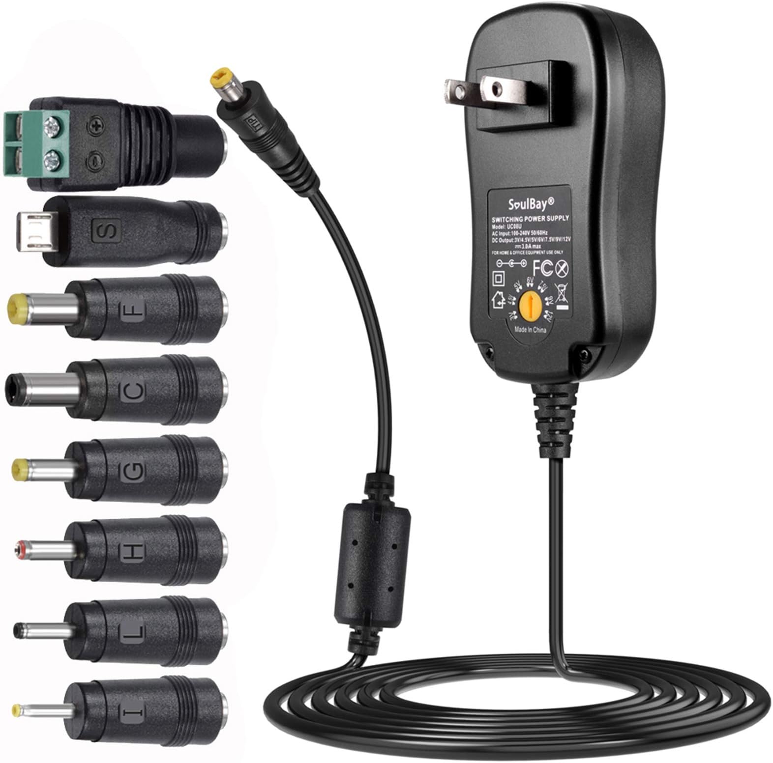 SoulBay 3V 4.5V 5V 6V 7.5V 9V 12V 36W Universal AC/DC Adapter Switching Power Supply Charger with 8 Tips for Household Electronics - 3000mA Max