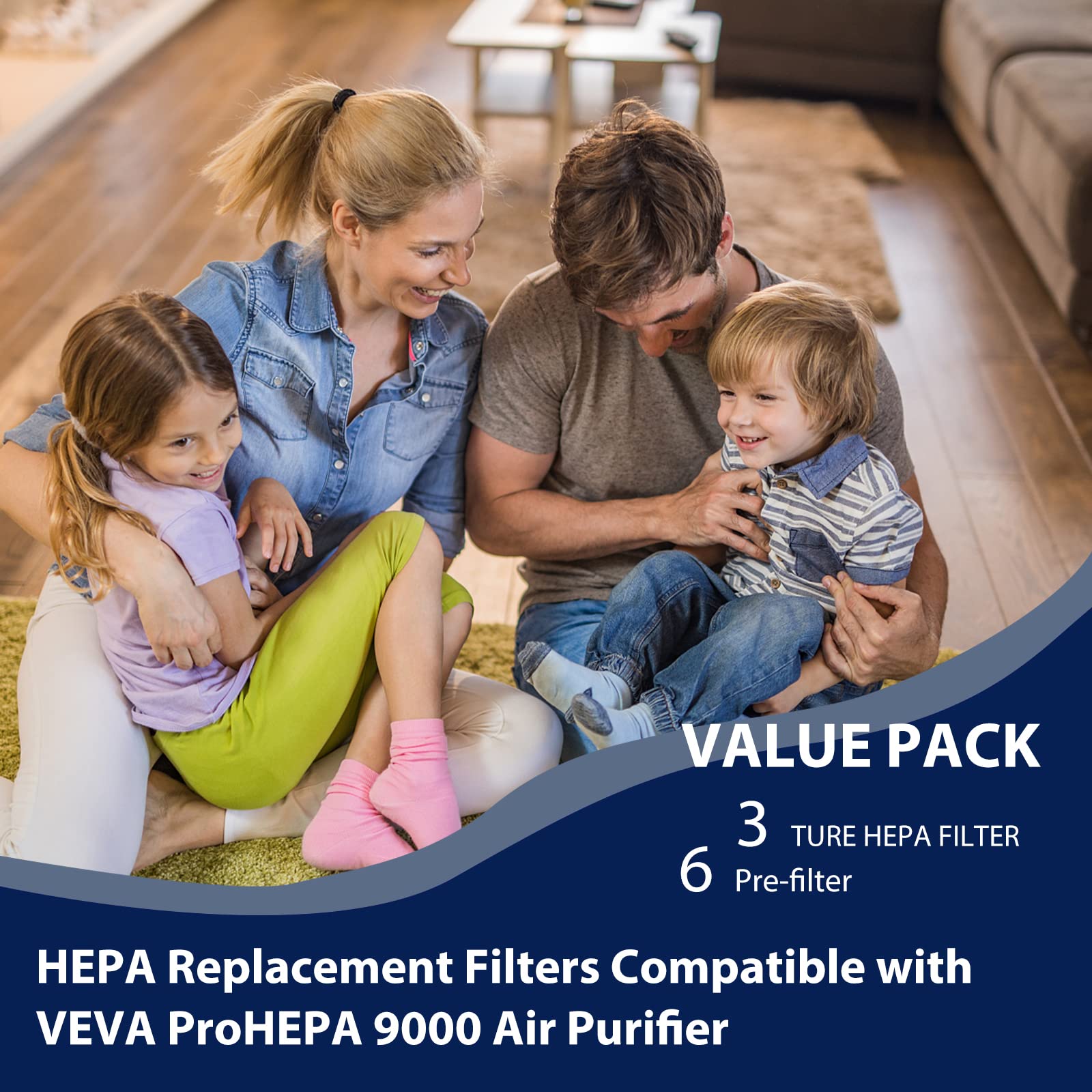 ProHEPA 9000 True HEPA Filters Replacement Compatible with VEVA ProHEPA 9000 Air Purifier, Including 3 True HEPA Filters and 6 Carbon Pre-Filter