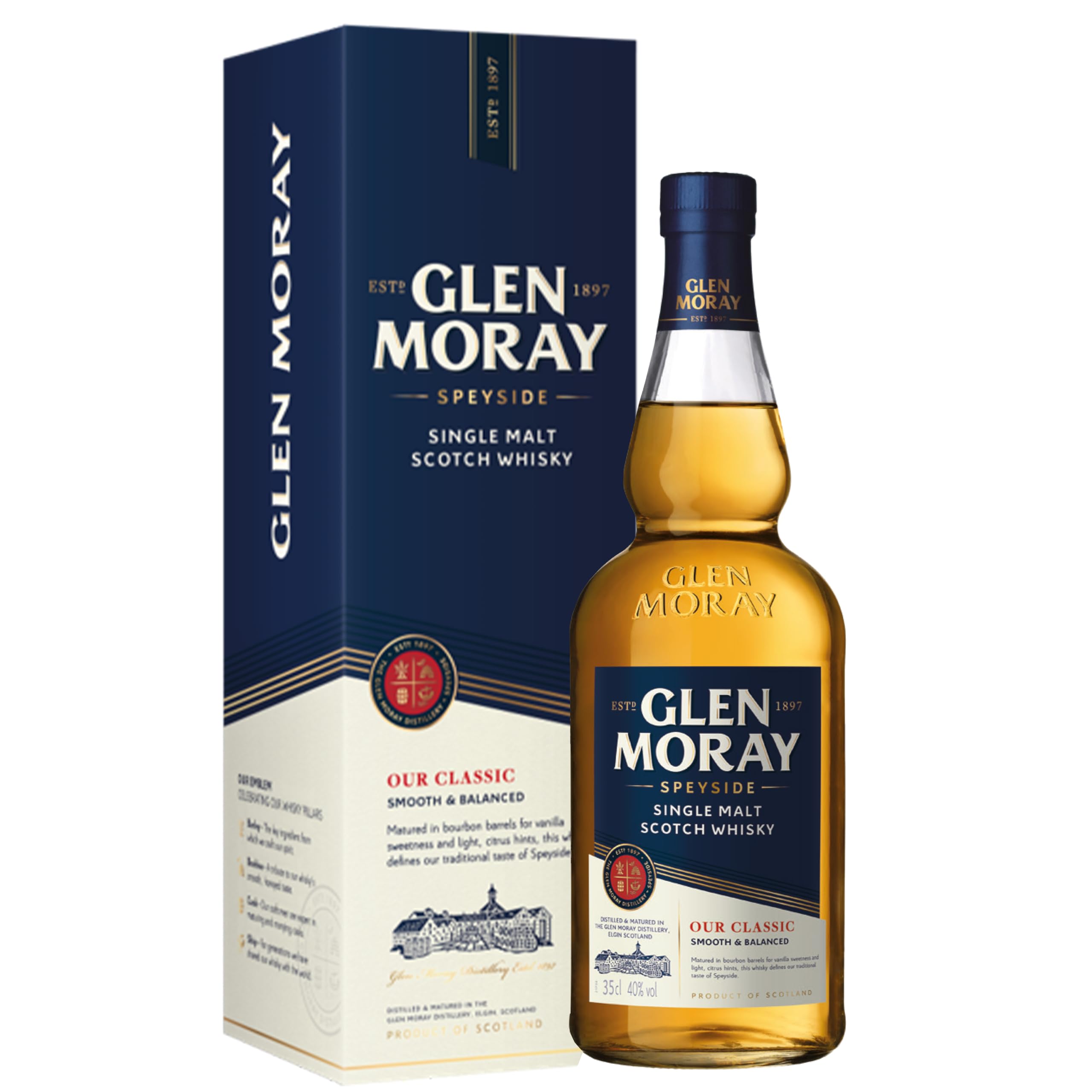 Glen Moray Classic single malt Scotch whisky 35cl 40% ABV, Speyside region whisky matured in…