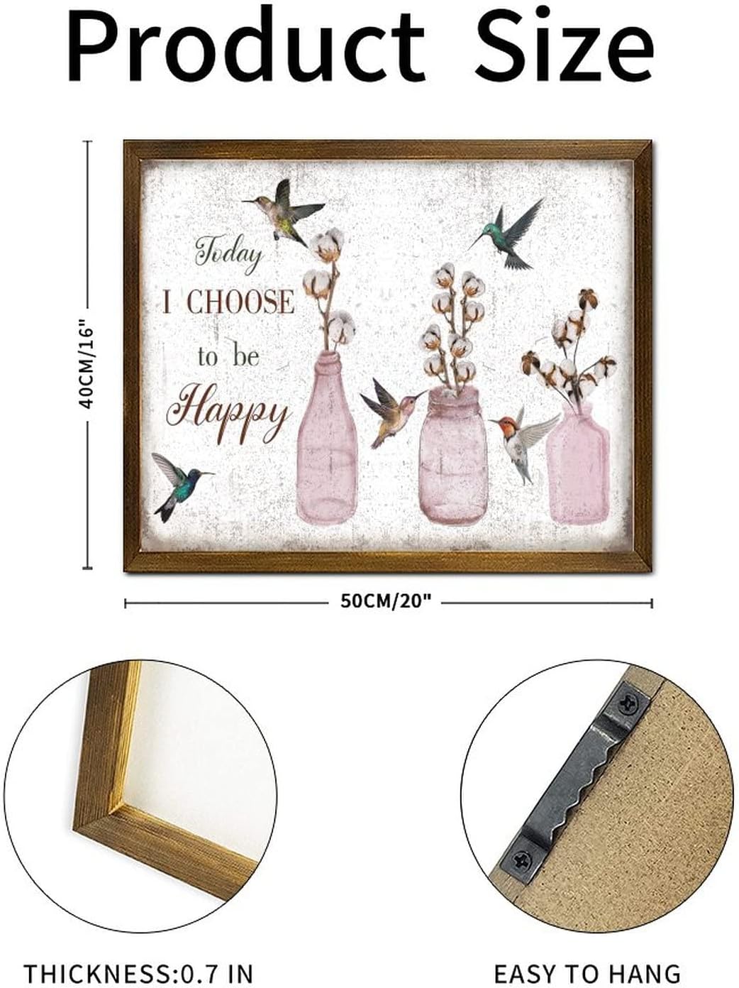 Today I Choose to Be Happy Framed Wood Sign Hummingbird Kapok Flower in Vase Hanging Wall Art Classic Botanical Artwork Home Wall Hanging Sign Decorative for Home Porch Garden Yard 16x20 Inch