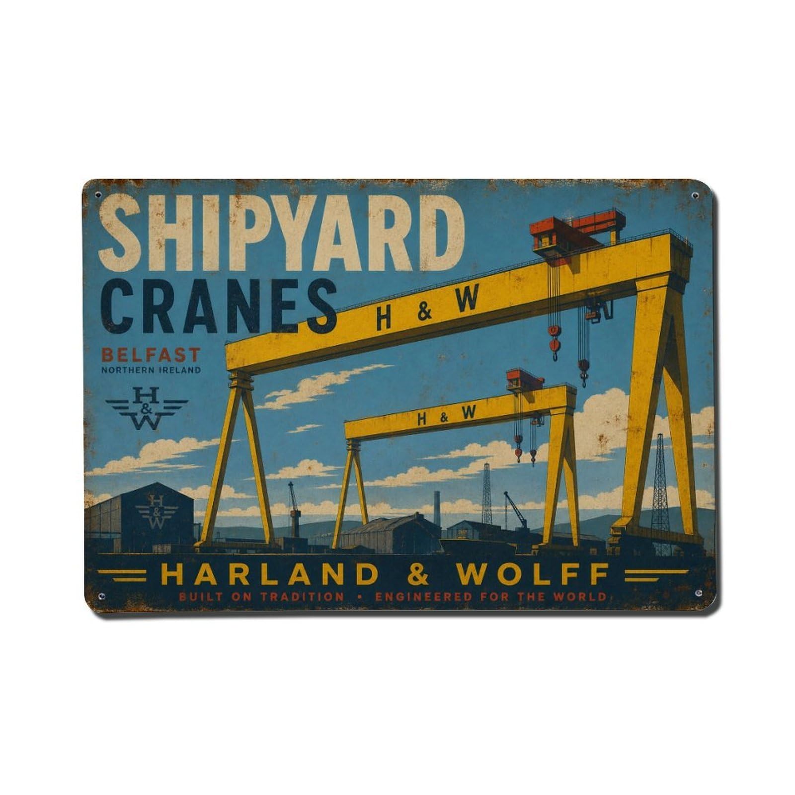Vintage Travel Harland Wolff Cranes Belfast Samson Goliath Metal Tin Sign