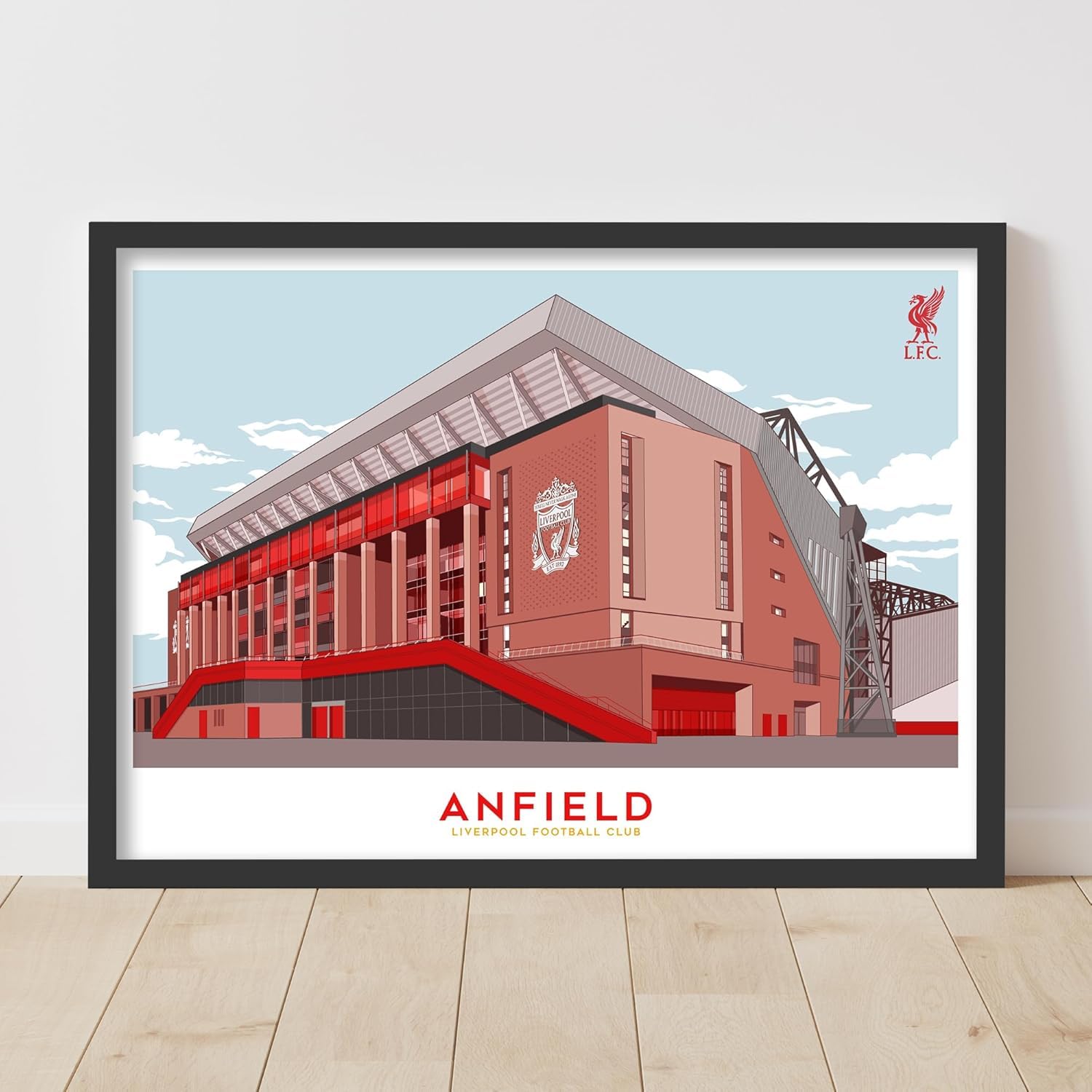 Themed Red Liverpool Fc Print - Anfield Illustration Outside Stadium Blue Sky Poster Lfc Football Art (21Cm X 29.7Cm - A4)