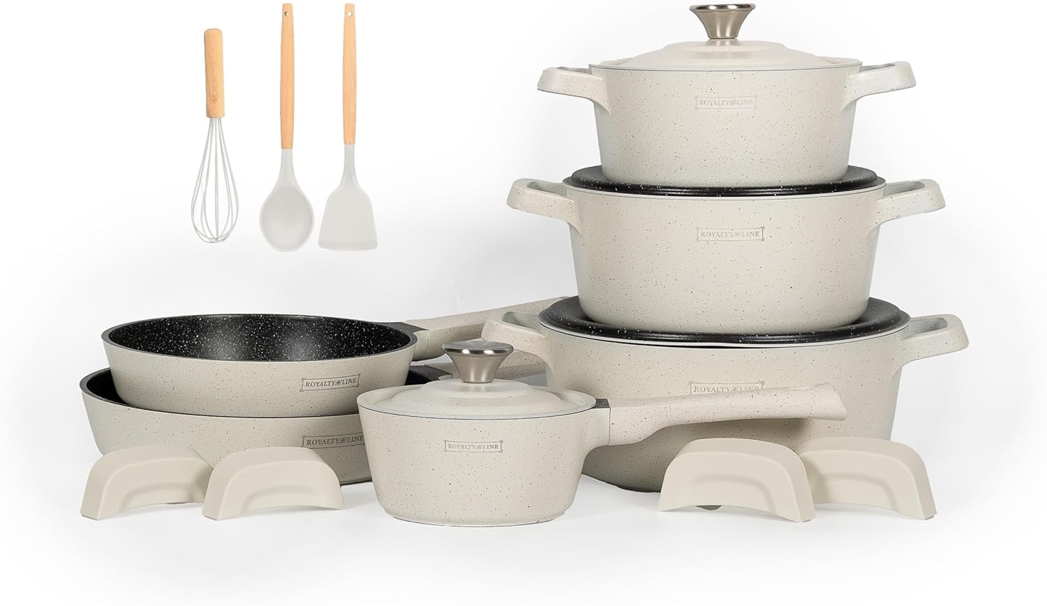 Royalty Line OS1014 Pan Set, 17 Pieces, Induction Compatible, Marble Non-stick Coating, Removable Cold Handles, Cream