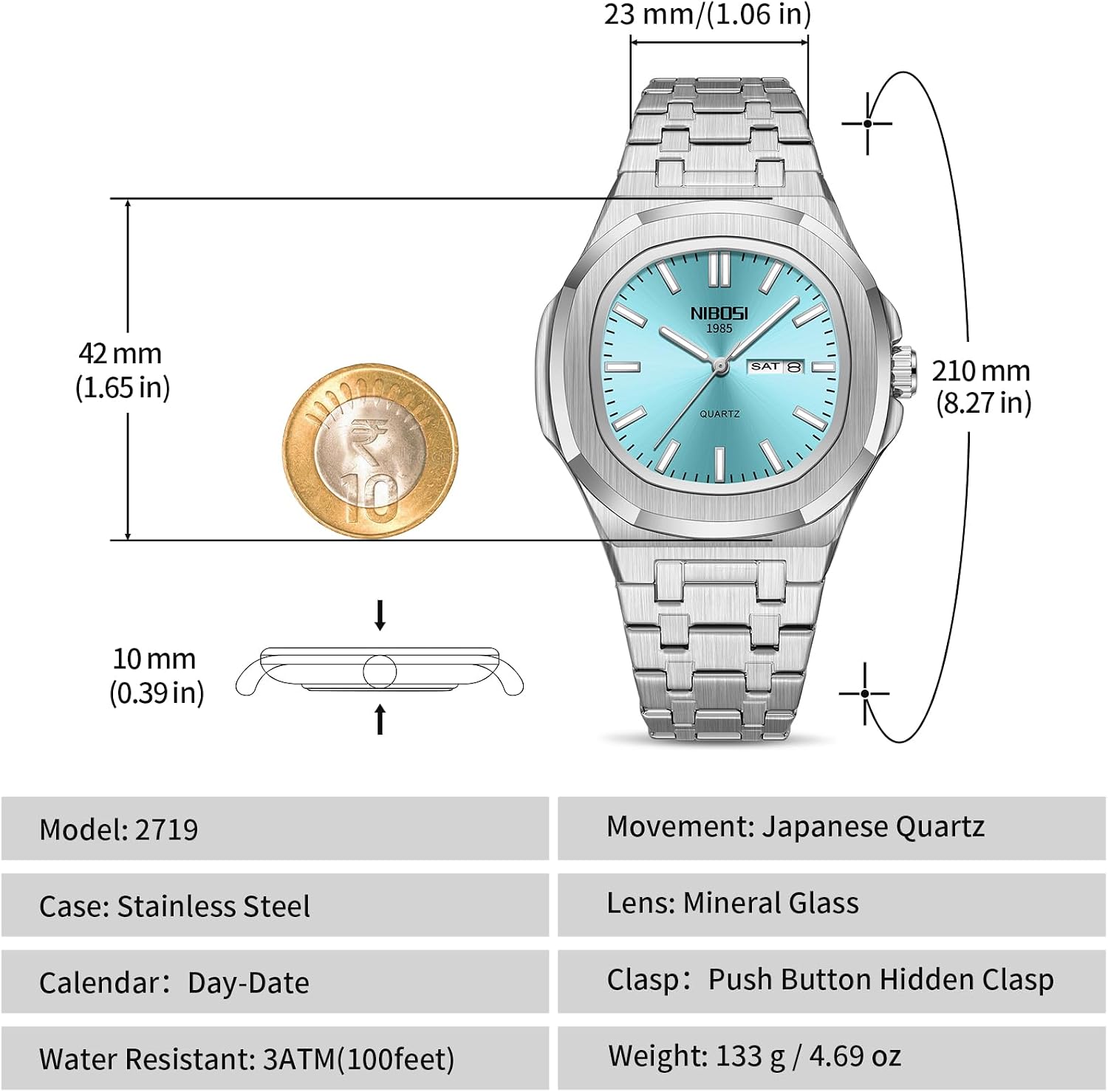 NIBOSI Men's Analog Quartz Watch, Big Face Silver Stainless Steel,Day Date