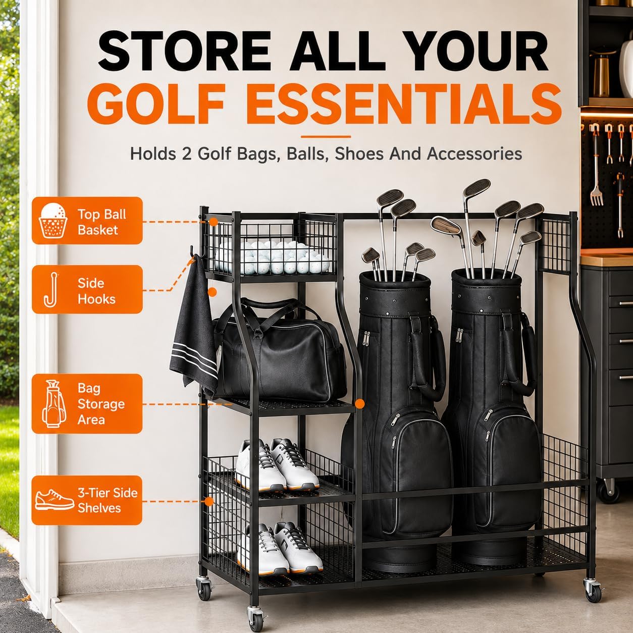 Hanmir Golf Bag Storage Rack, Golf Bag Organizer for Garage with Wheels image 3