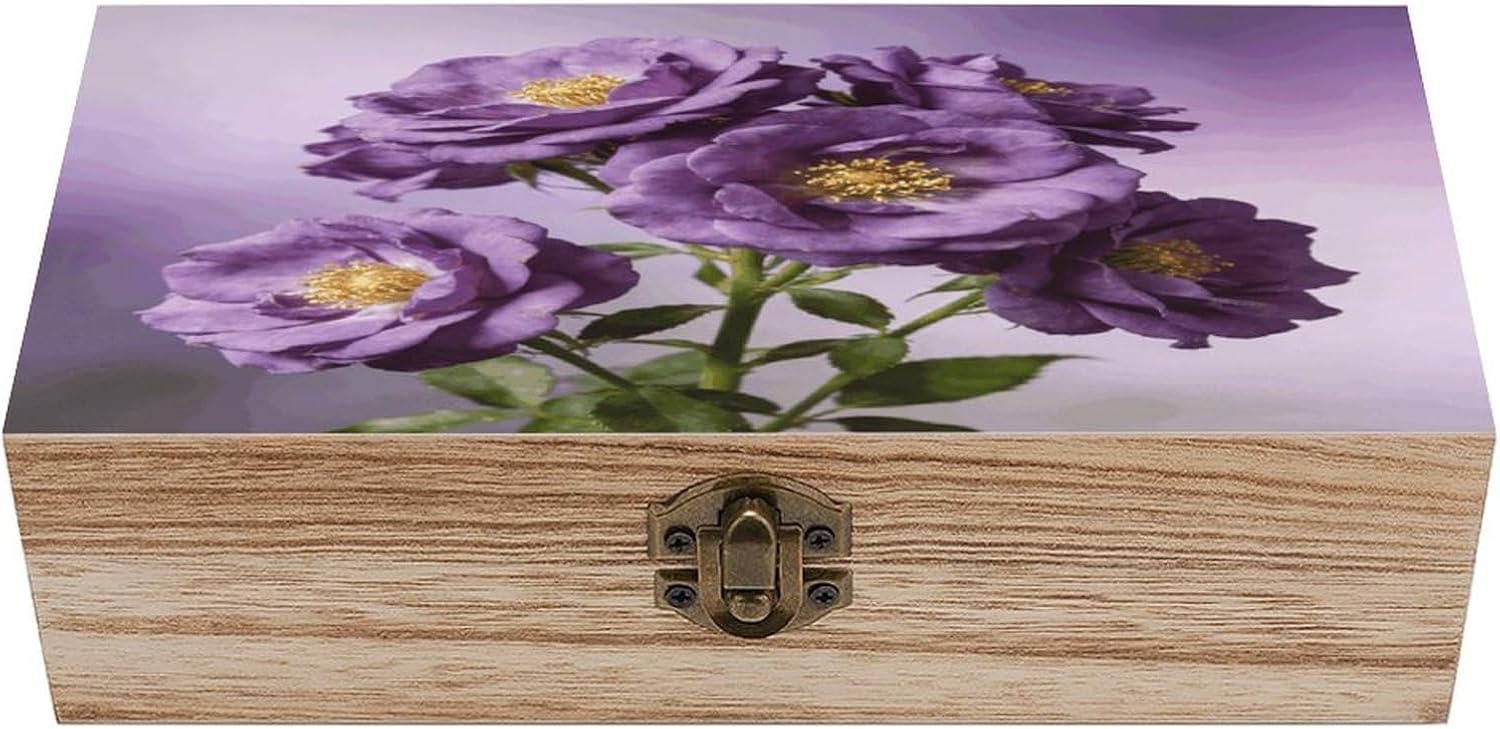 Purple Flowers Wood Box Rectangular Organizer Box