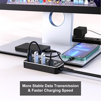 USB Hub 3.0 Powered, VKUSRA 4 Ports Ultra Slim USB Splitter with 5V/3A AC Power Supply Adapter, High-Speed Data Hub with 1.2m Extended Cable and Individual On/Off Switch
