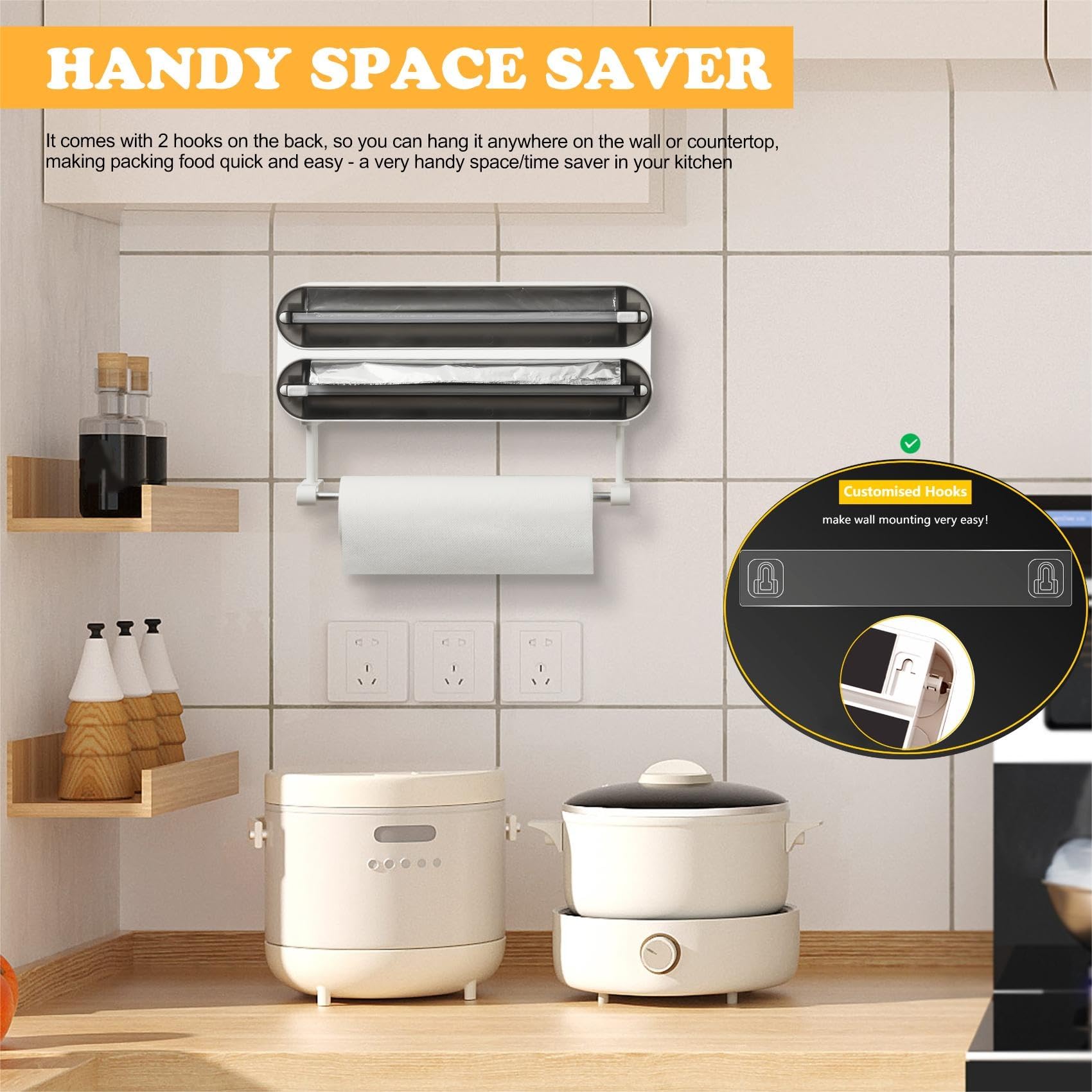 Distributeur Papier Aluminium et Film avec Port Essuie Tout - Magnétique et Murale sans Percer, Derouleur Film Alimentaire - Organisateur de Cuisine Gain de Place, INCL. Rouleau 50m, Noir