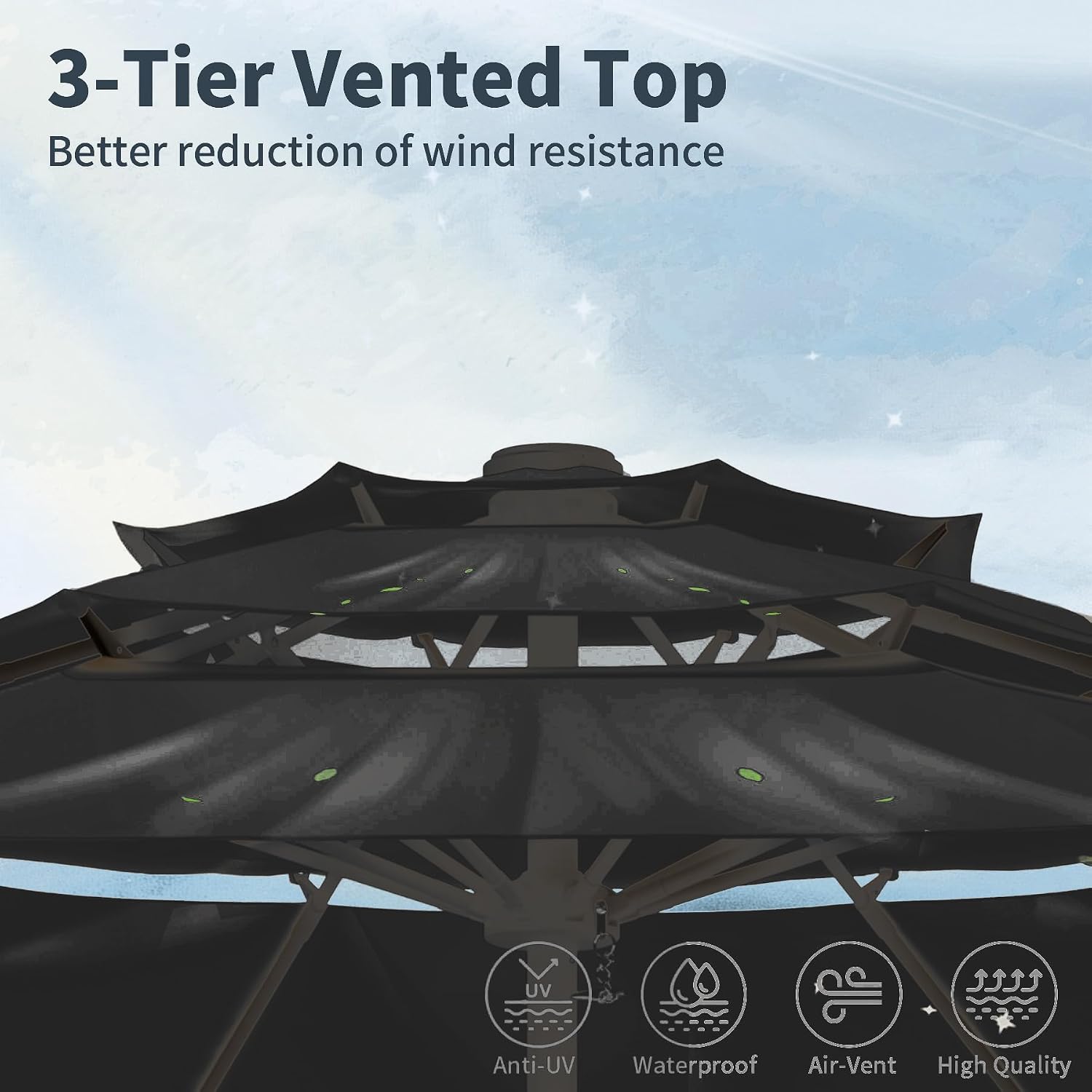 9FT 3 Tiers Patio Umbrella With Auto Tilt And Crank, Outdoor Table Market Umbrella with 8 Sturdy Ribs for Garden, Lawn, Deck, Backyard and Pool