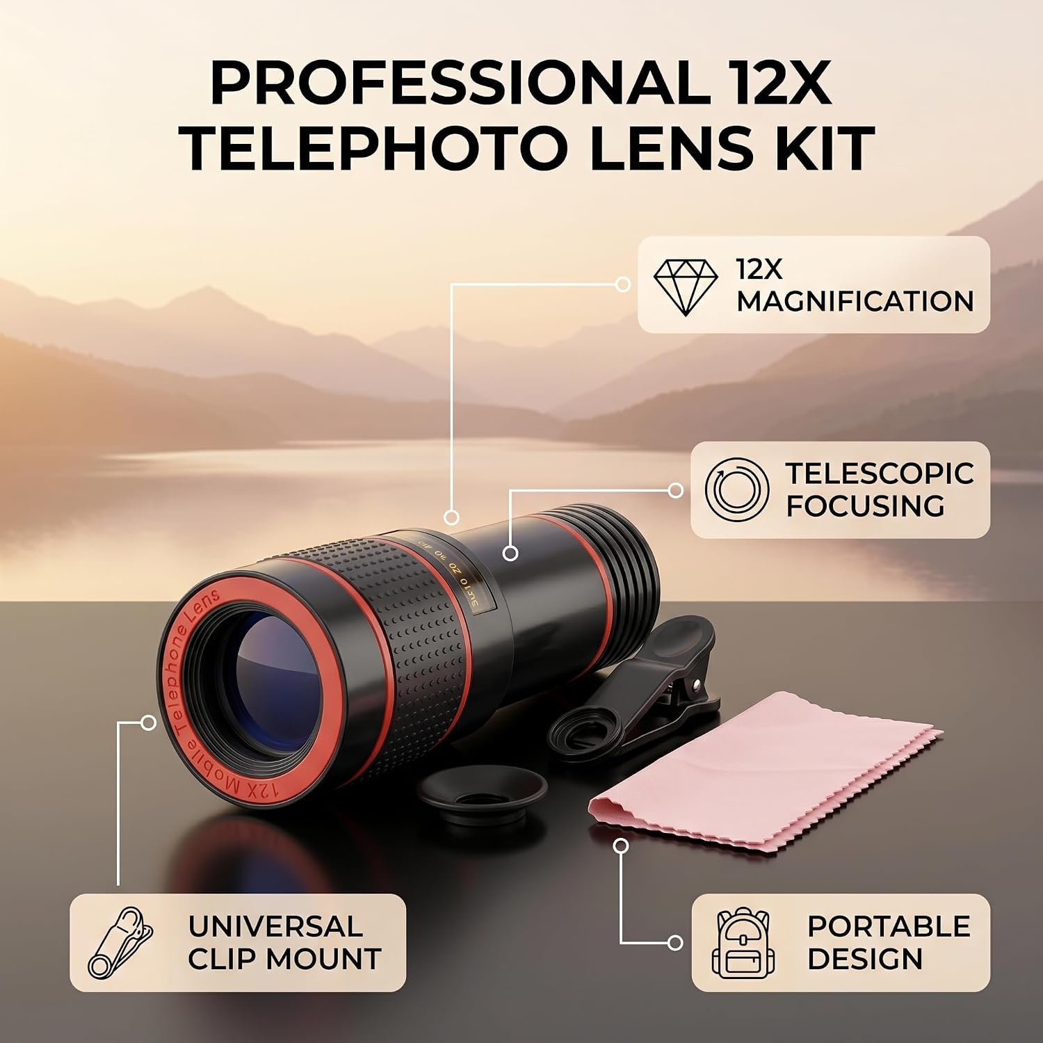 Telephoto Cell Phone Camera Lens 12X Telescopic Lens, Universal Clip On Telescopic Focusing Cell Phone Camera Lens for Mobile Phone Tablet, Cell Phone Fisheye Lens Eye Cup