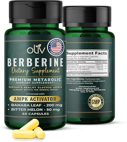 oliv Suplemento de berberina 1250 mg – Apoyo metabólico natural con hoja de banaba y extracto de fruta de melón amargo – 60 cápsulas