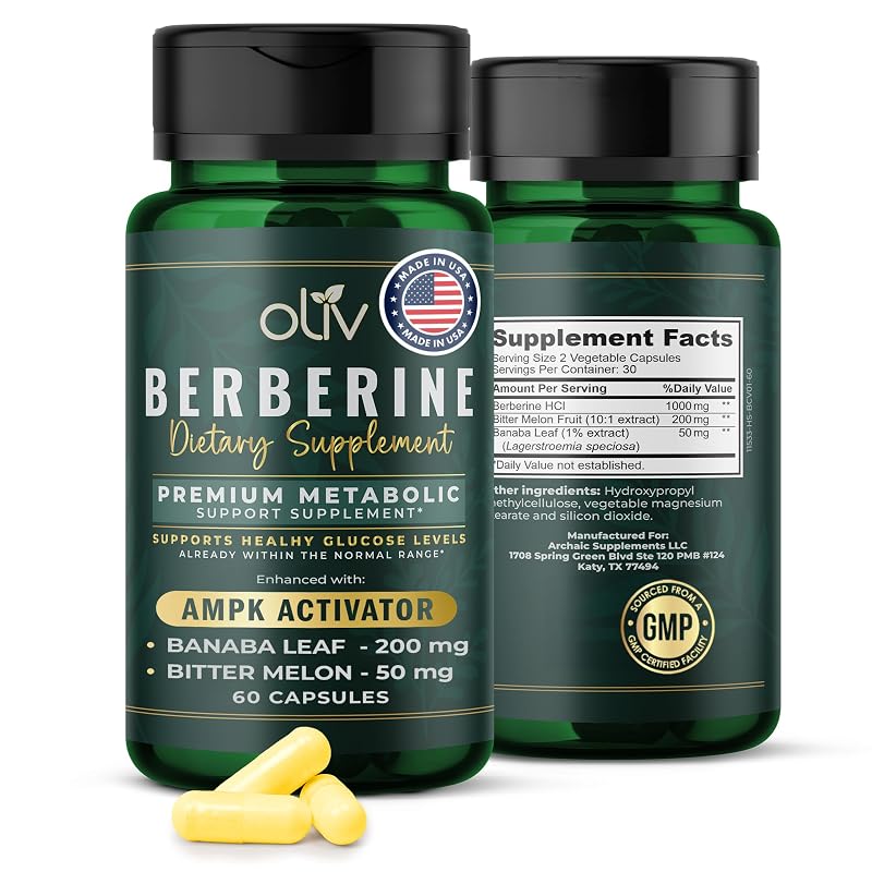 oliv Suplemento de Berberina com Berberina HCl 1000 mg, Melão-amargo 200 mg e Banaba 50 mg, 60 cápsulas vegetais