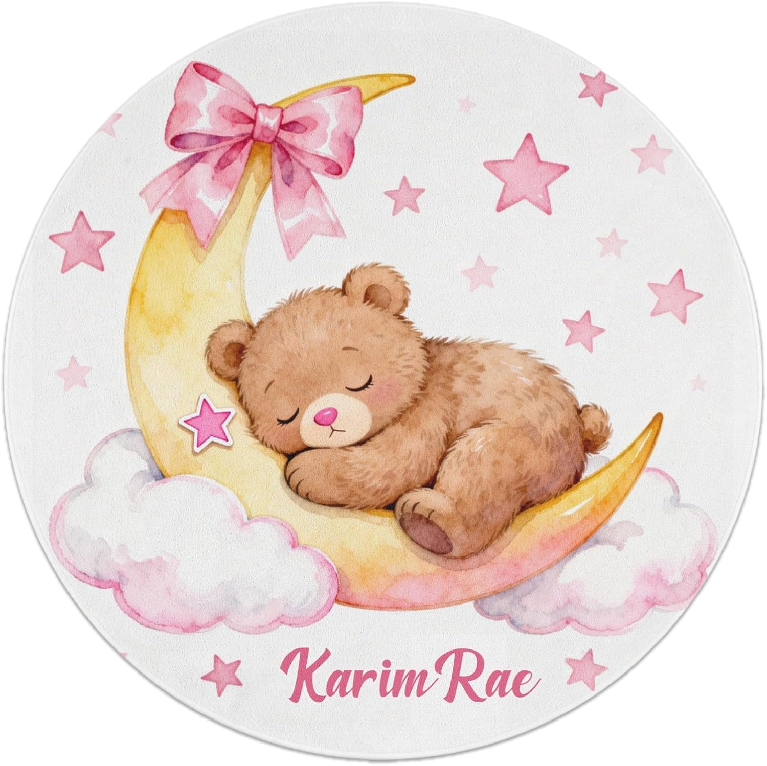 Personalized Teddy Bear Moon Pink Bow Custom Round Area Rug Baby Crawling Floor Mats Gifts for Boys Girls Babies with Names Nursery Bedroom Living Room Decor