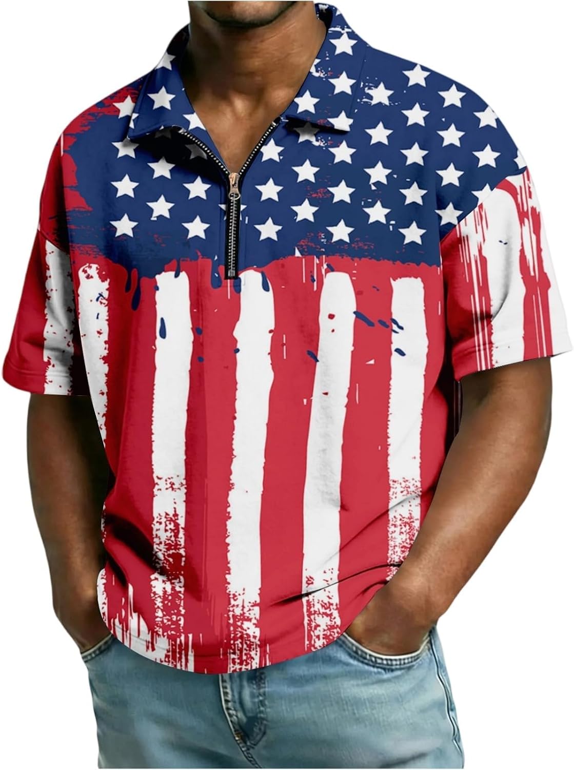 Fourth of July Golf Shirt for Men American Flag 1/4 Zip Tshirt Mens Vintage Patriotic Polo Shirts USA Summer Tops