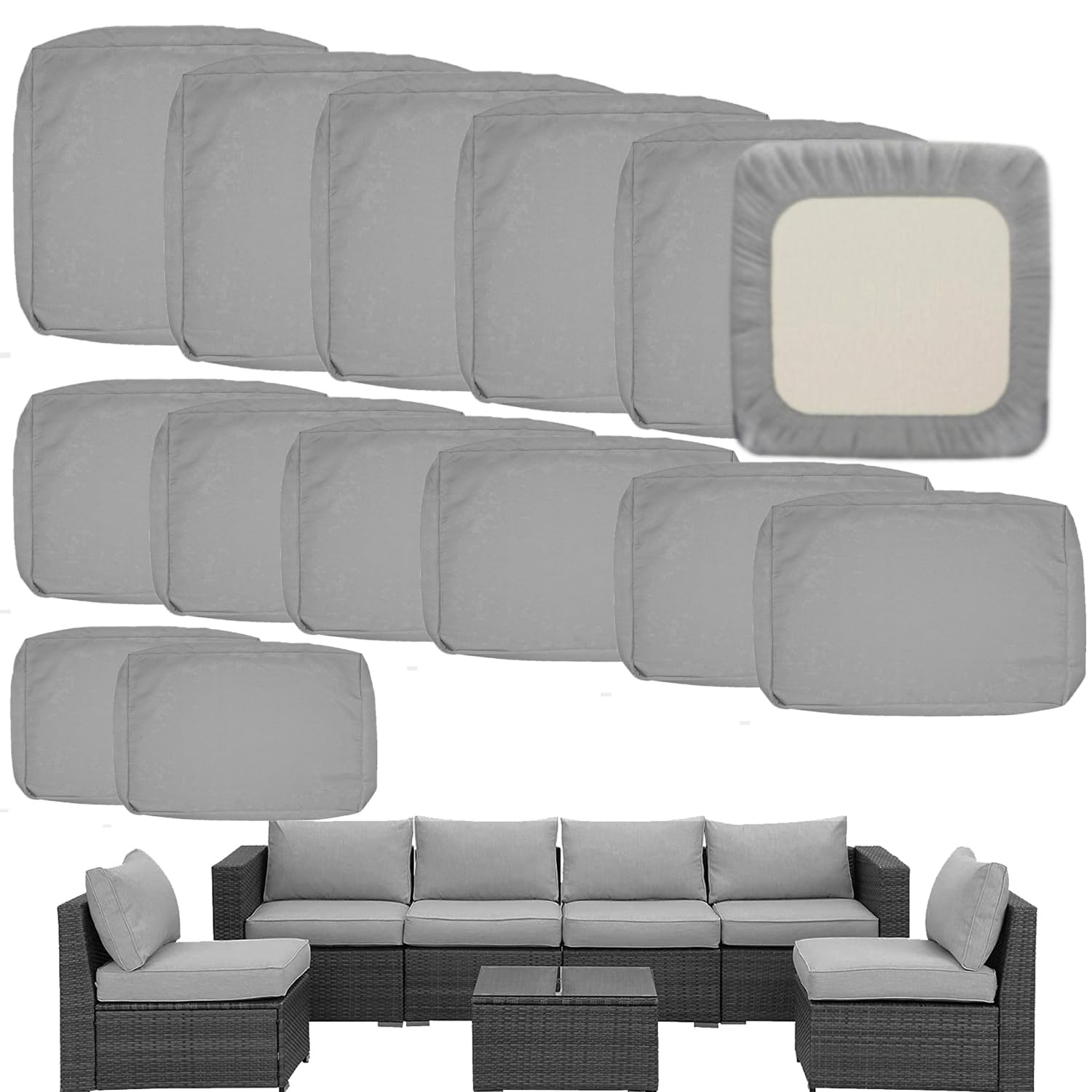 Photo 1 of TECOSARA Outdoor Cushion Covers Replacement 14 Pcs Patio Cushion Covers fit for 7Pieces 6-Seater Wicker Rattan Sectional Couch Sofa Outdoor Cushion Slipcovers Set Seat and Back Cover Only, Grey