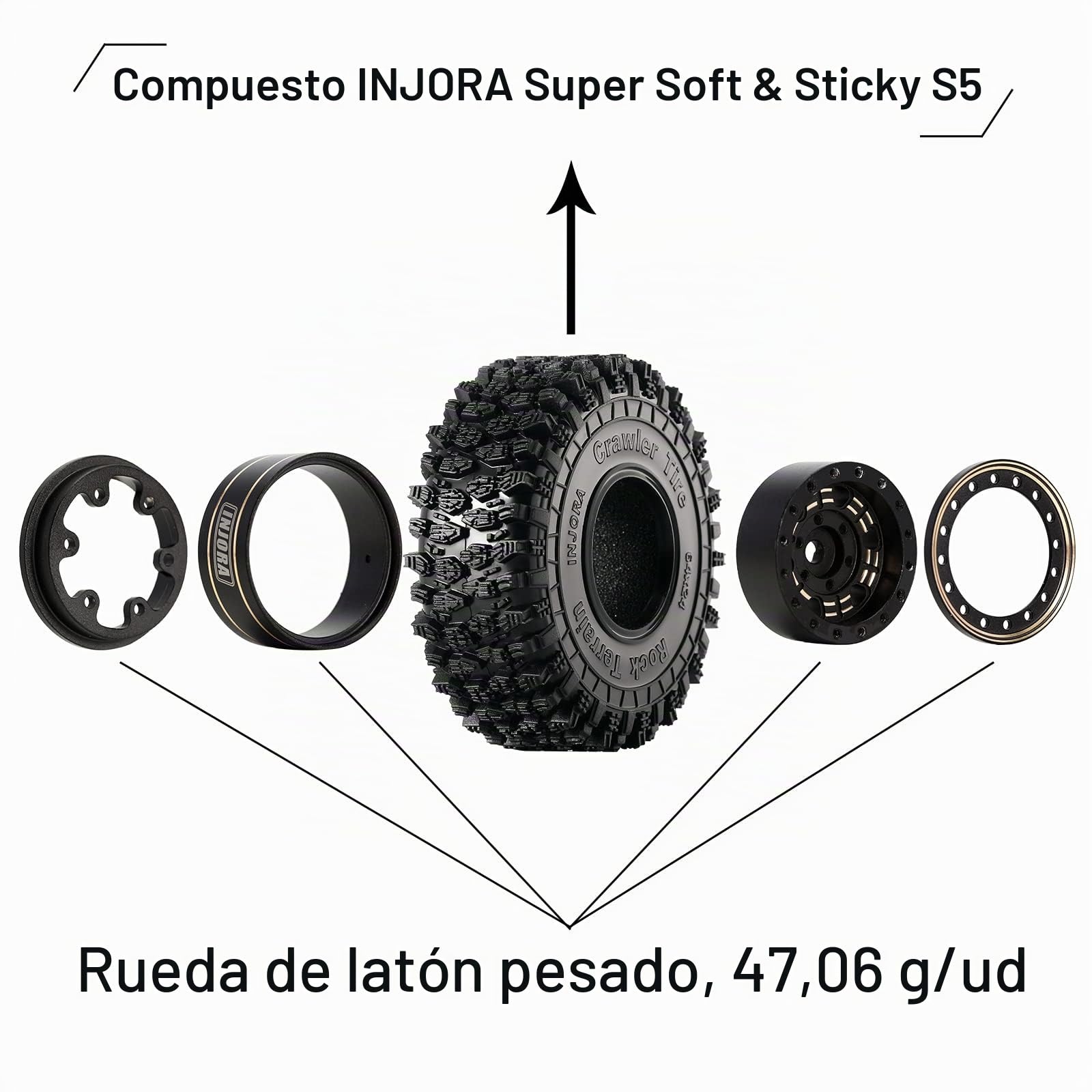 INJORA 1.0 RC Neumáticos Beadlock Latón Rueda Llanta 4 Piezas para 1/18 1/24 RC Crawler Automóvil Axial SCX24 FMS FCX24 FCX18 Gladiator Bronco C10 JLU Deadbolt B17 Actualización (W1005-T1011)