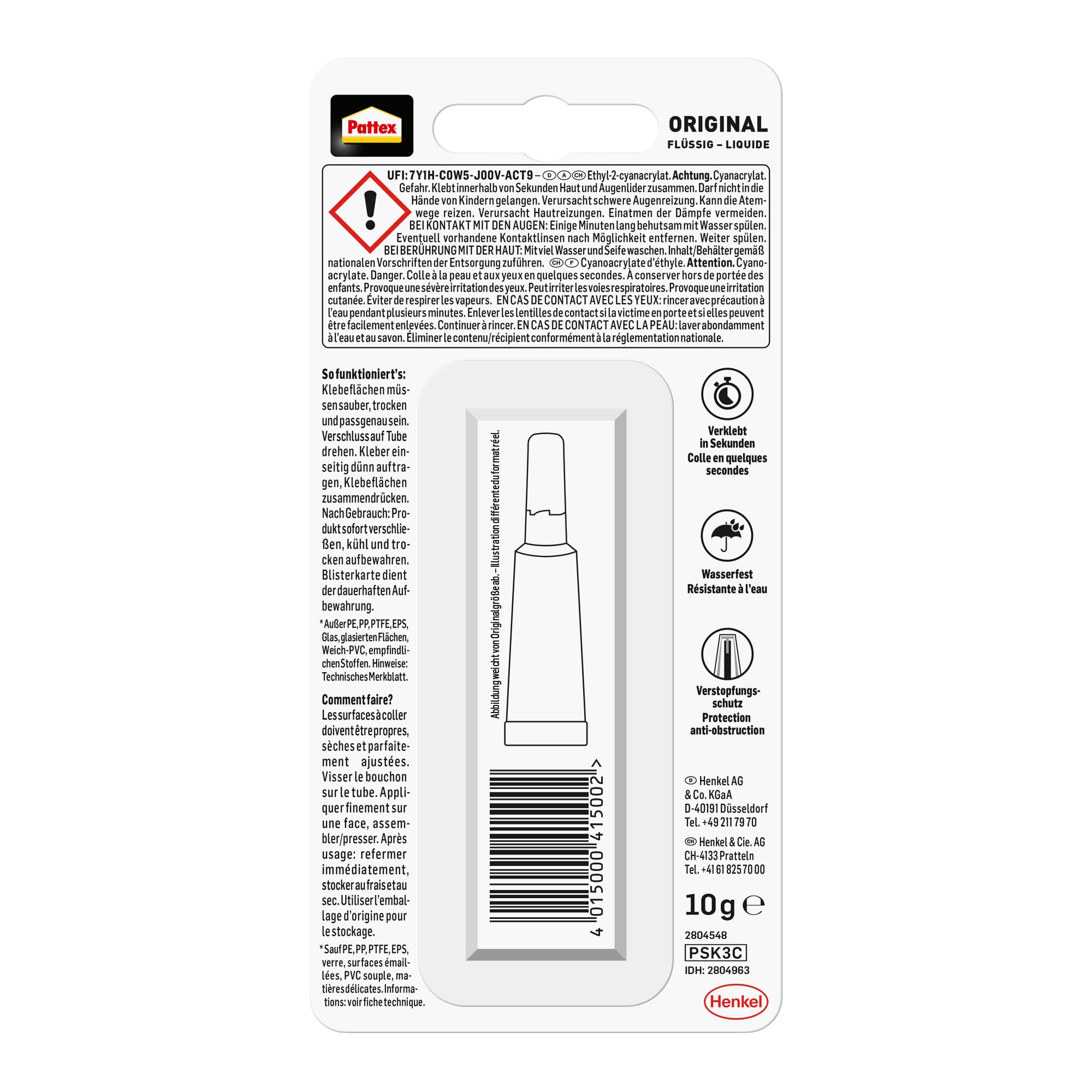 Pattex Sekundenkleber Flüssig, spülmaschinenfester Superkleber für viele Sofortreparaturen, schnelltrocknender farbloser Flüssigkleber, 5x10g
