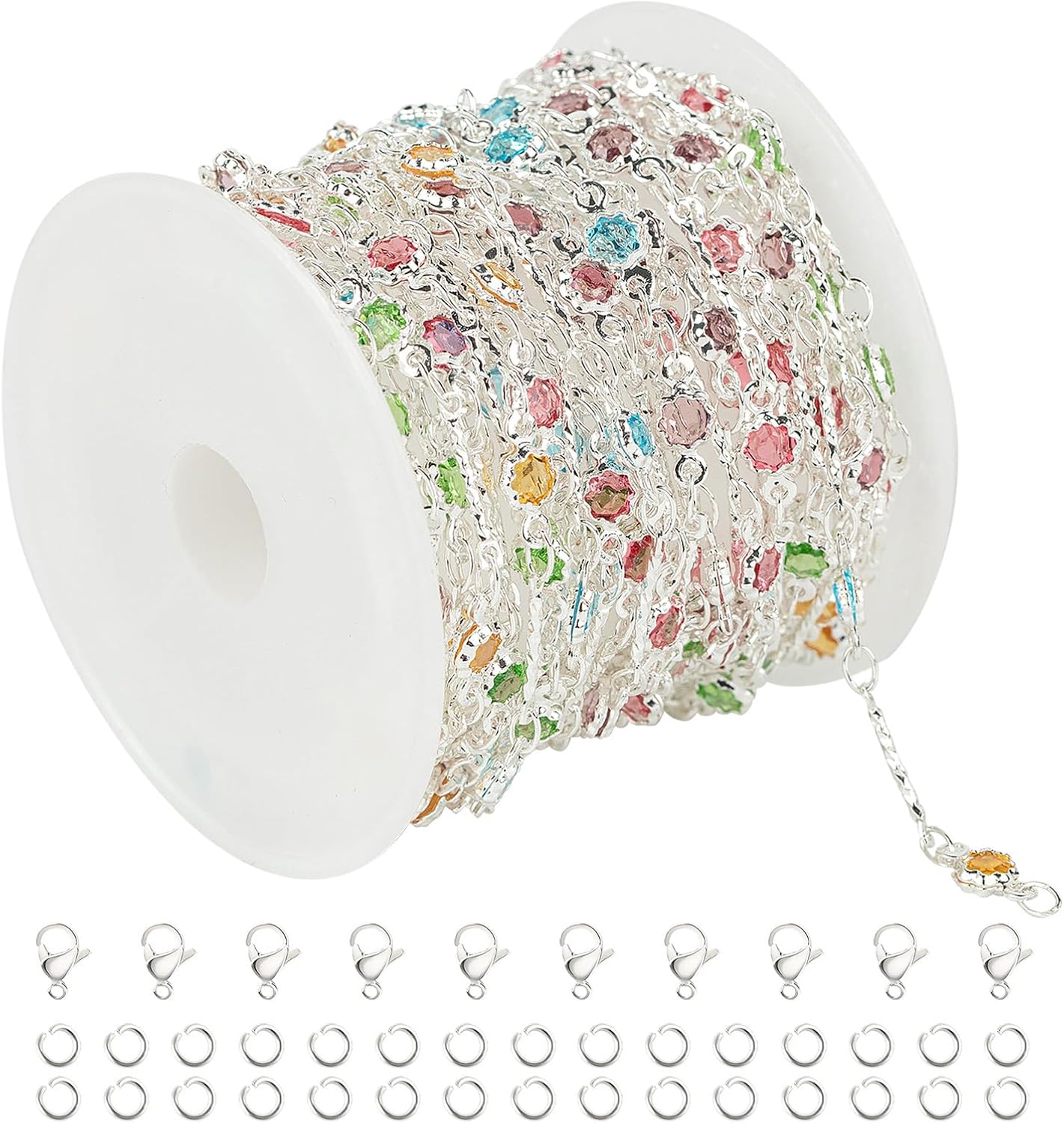 UMAOKANG 16.4 Feet Colorful Crystal Necklace Chain for Jewelry Making Silver Plated Brass Bar Chain Roll with Jump Rings and Lobster Clasps