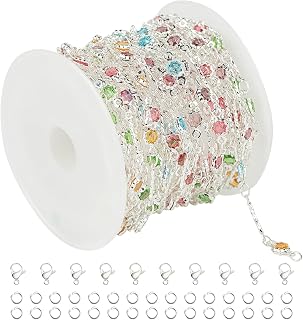 UMAOKANG 16.4 Feet Colorful Crystal Necklace Chain for Jewelry Making Silver Plated Brass Bar Chain Roll with Jump Rings and Lobster Clasps