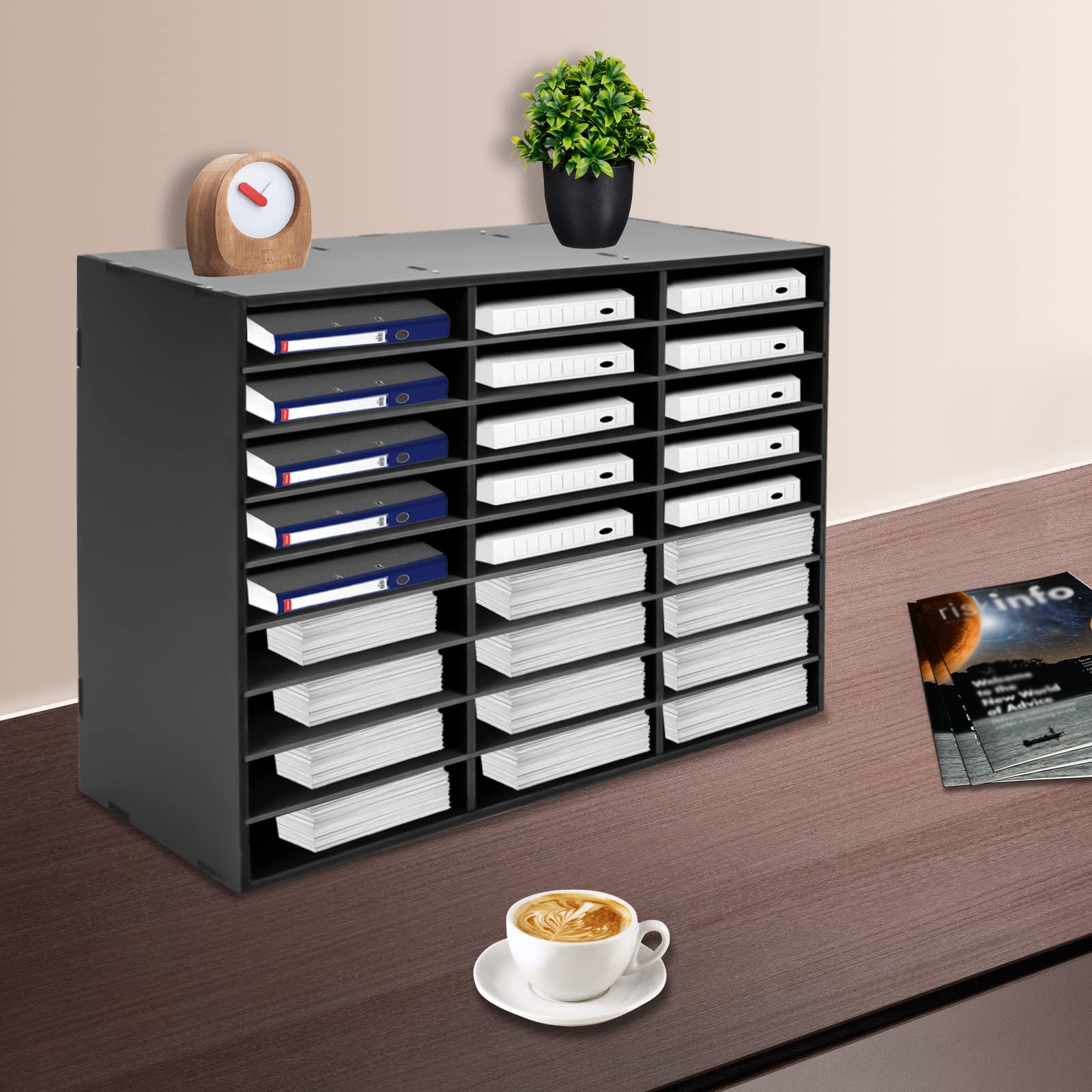 Organizer na literaturę, 27 przegródek na dokumenty (czarny) | 80 x 30,5 x 55 cm, segregator na dokumenty, do 50 kg, PCW, do biura, sali lekcyjnej