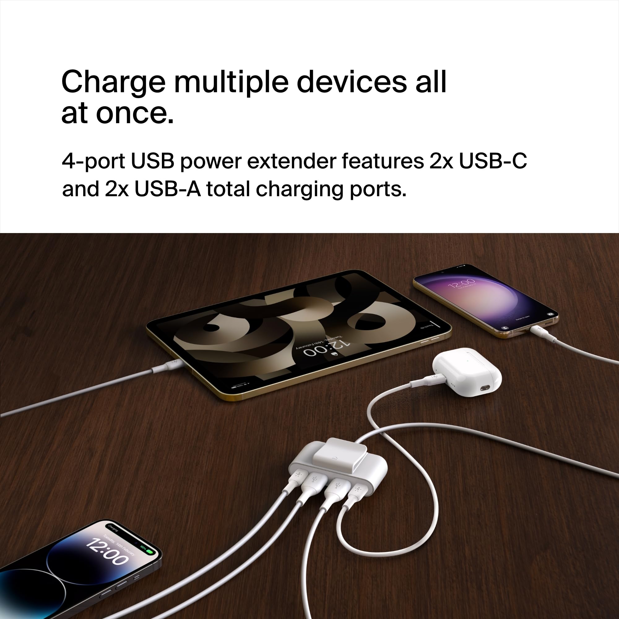 Belkin 4-portowy rozdzielacz USB z 2-metrowym kablem, 2 porty USB-C i 2 porty USB-A, adapter USB o mocy 30 W, szybkie ładowanie iPhone’a 14 i Samsunga Galaxy S23, ekologiczny design i odłączany klips
