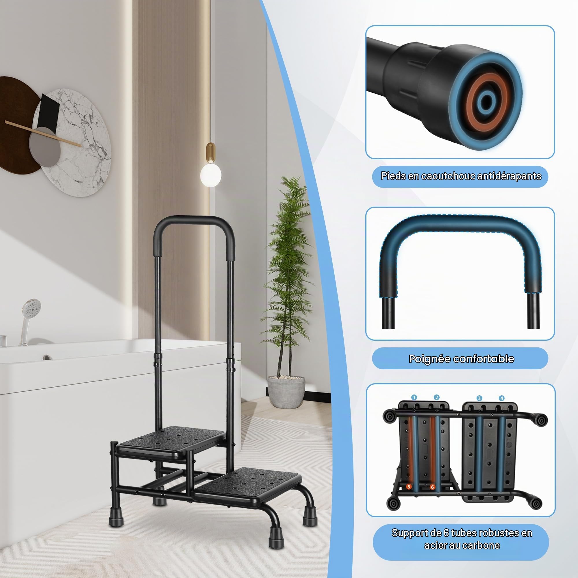 Escabeau Marchepied pour Lits Superposés Adultes - 2 Tabourets Réglables avec Main Courante, Plateforme Antidérapante, Usage Cuisine/Voiture/Caravane/Baignoire/Lit（Noir）