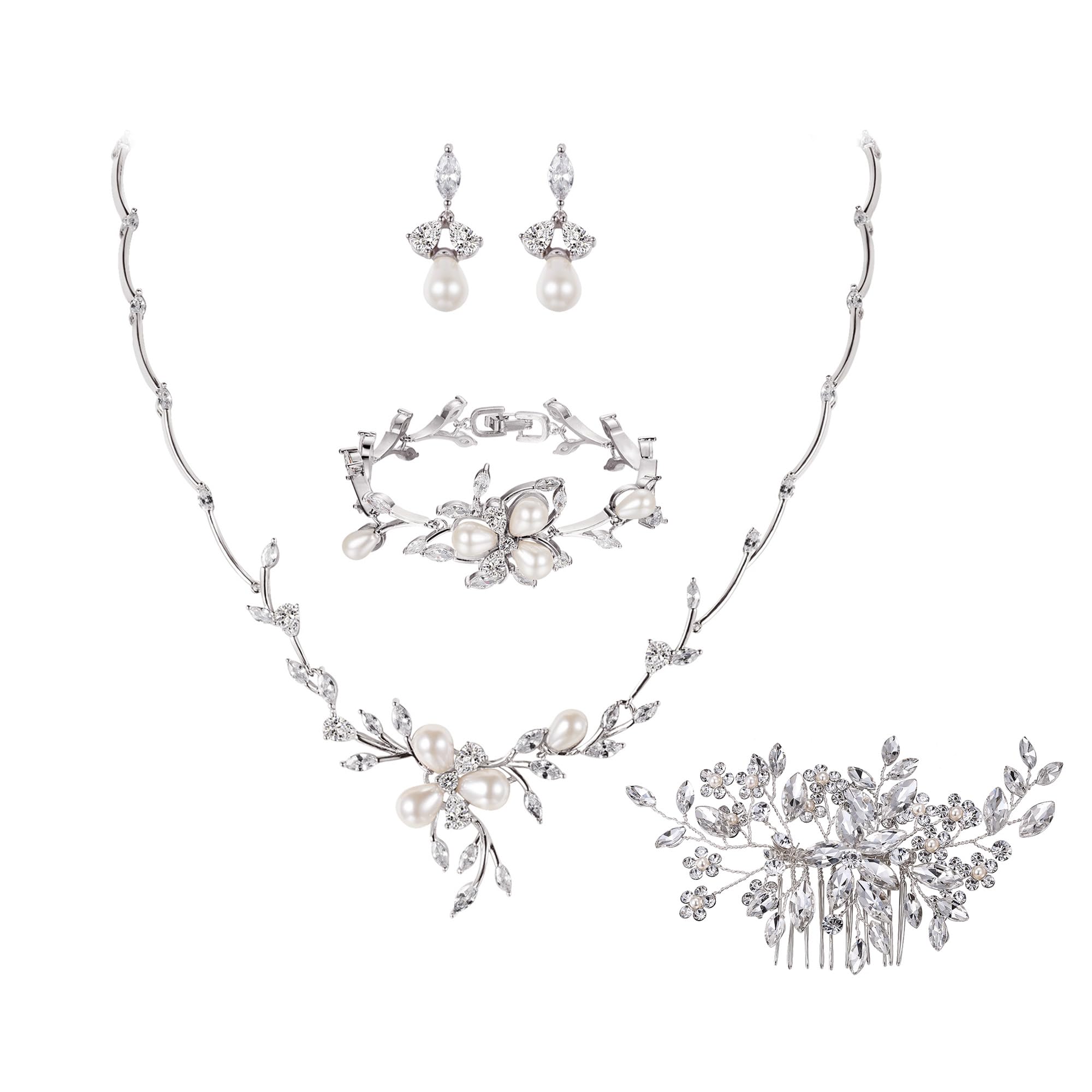 EVER FAITH Marquise CZ Simulated Pearl Bridal Flower Leaf Filigree Necklace Earrings Bracelet Set