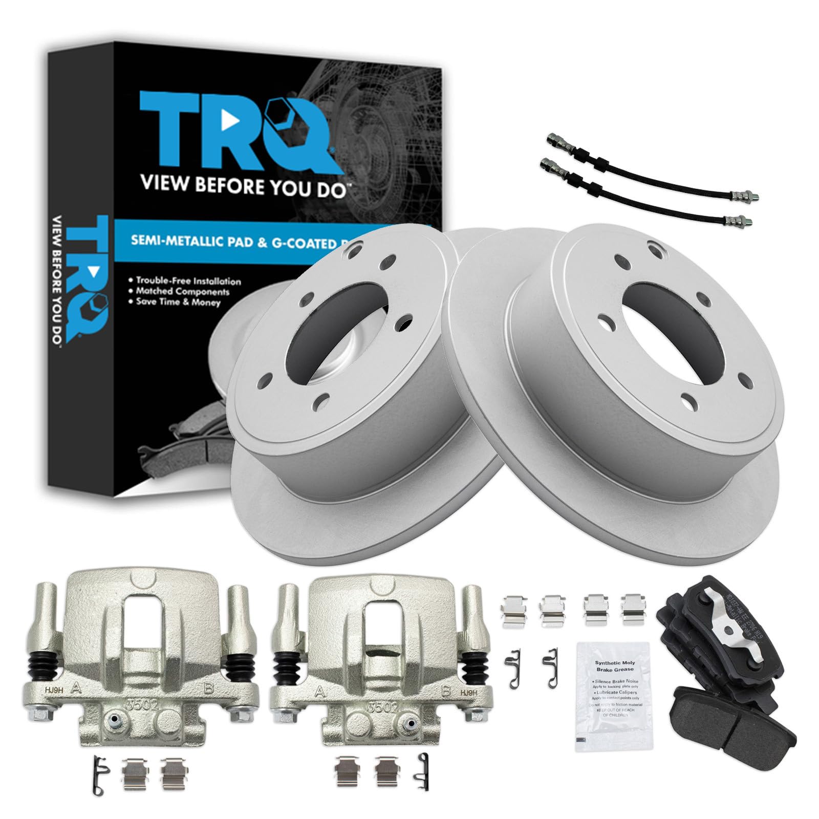 TRQ Rear Brake Pad and Rotor Set Semi Metallic Coated Rotors Calipers Compatible with 2011-2014 Chrysler 200 2007-2010 Sebring 2008-2014 Dodge Avenger 2007-2017 Jeep Compass Patriot