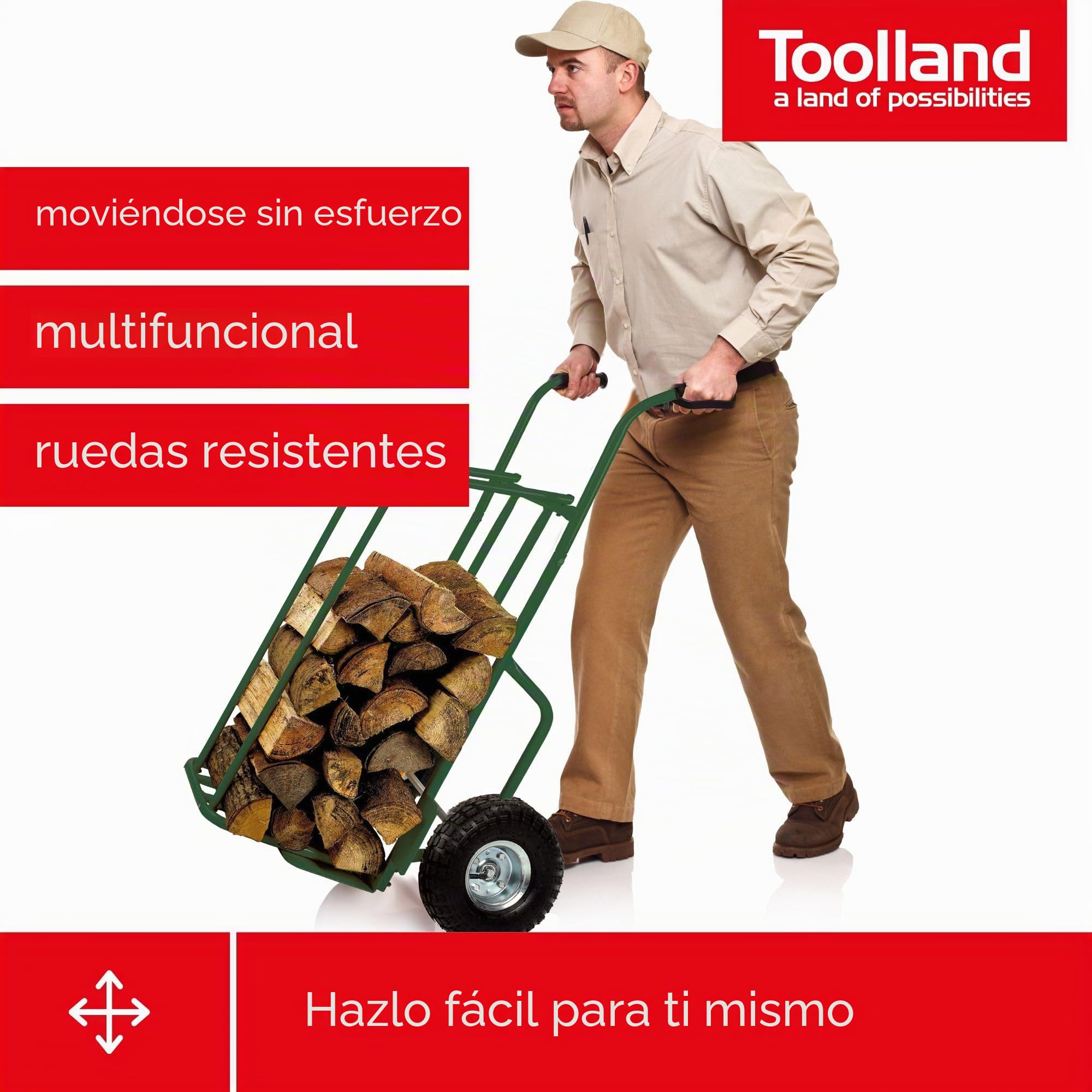 Toolland Carrito para leña Verde con Ruedas neumáticas, Marco de Acero, Carga máx. 250 kg, 3 Posiciones, Asas softgrip, Ideal para Transportar y apilar leña