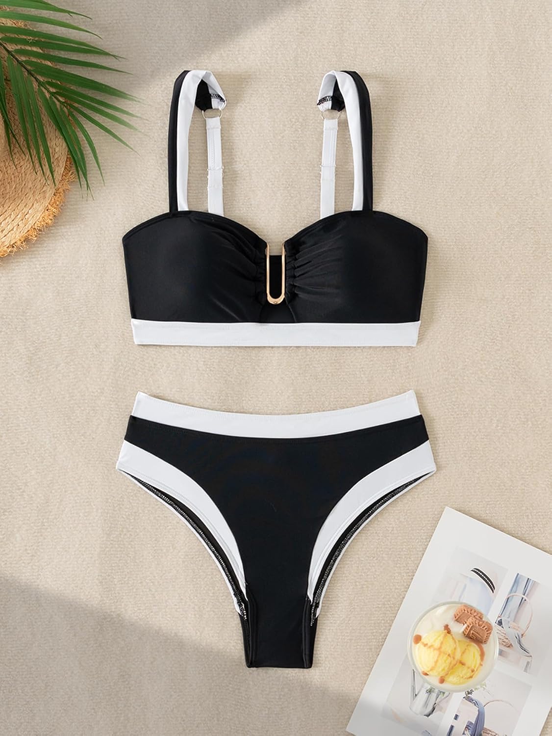 Catalpalev Women's Two Piece Swimsuit Black and White High-Waisted Slimming Bikini Set Beach Swimwear Bathing Suit